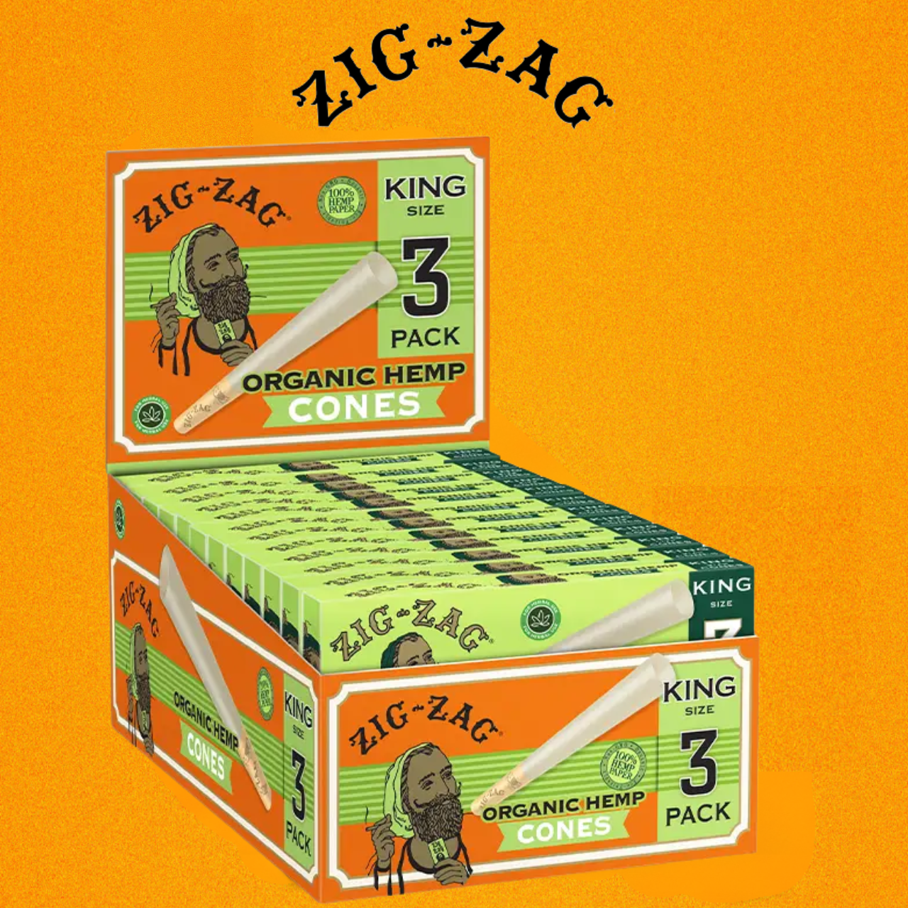 ZIG ZAG KING SIZE SLOW BURNING ORGANIC HEMP CONES 3CT DISPLAY OF 24