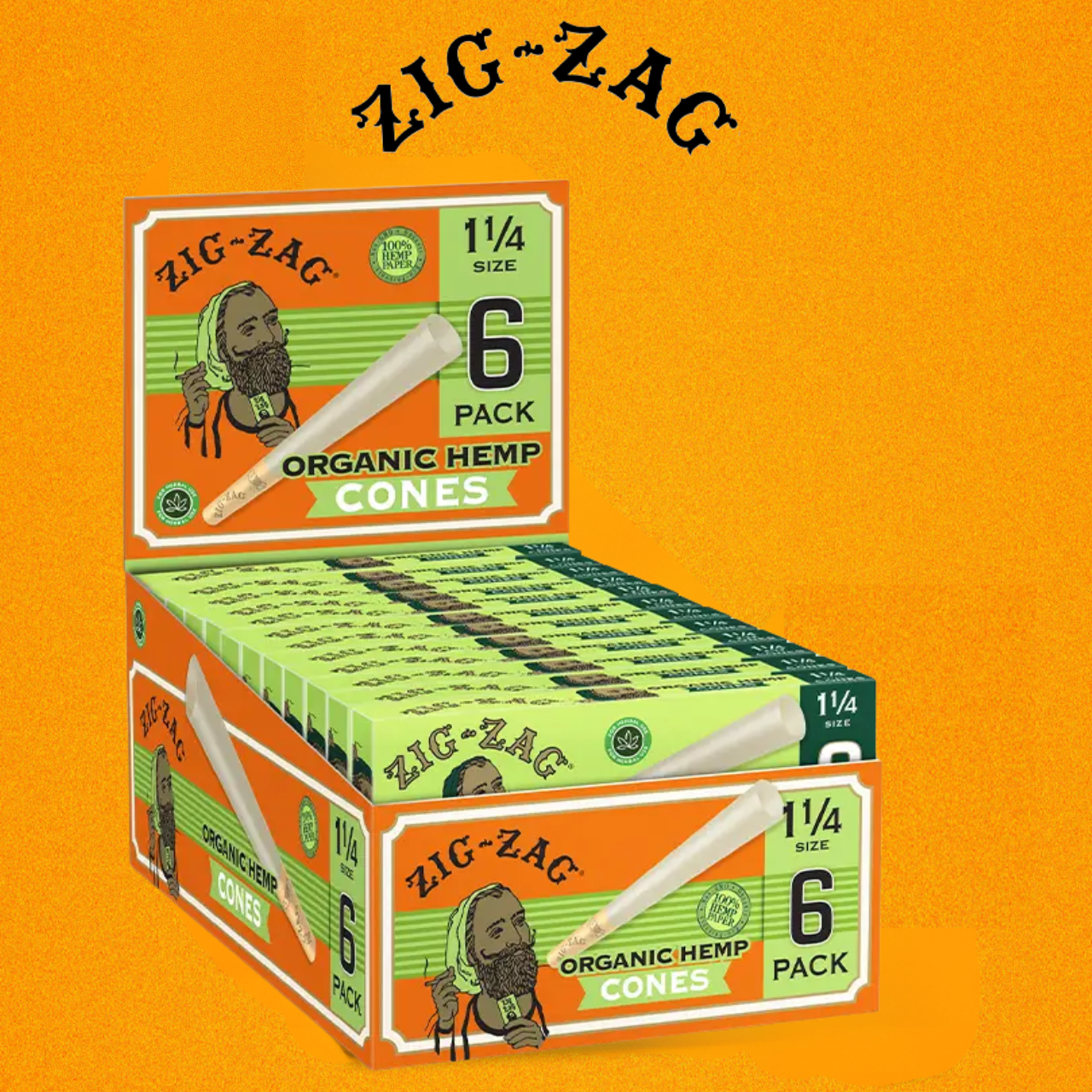 ZIG ZAG 1 1/4 SLOW BURNING ORGANIC HEMP CONES 6CT DISPLAY OF 24