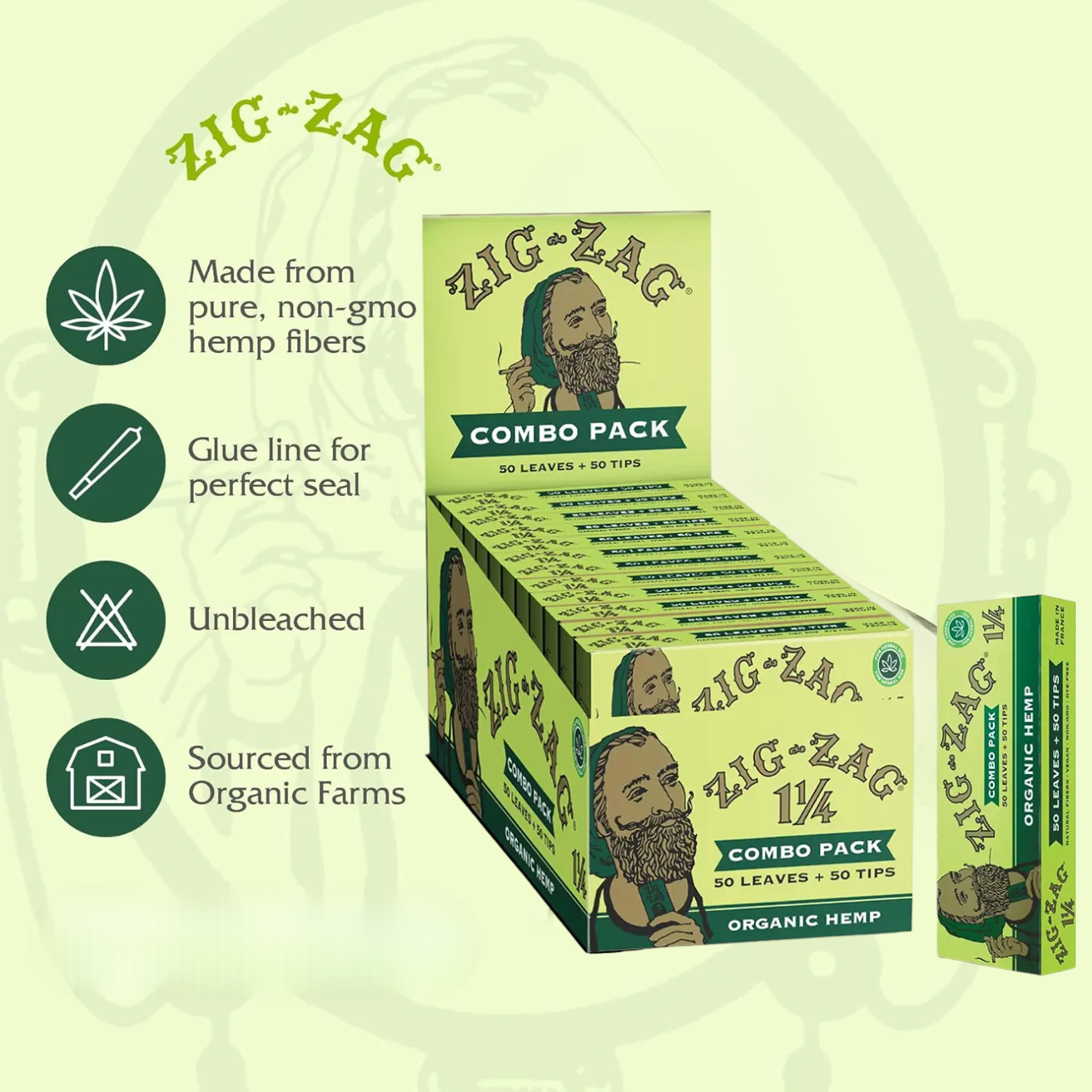 ZIG ZAG COMBO PACK LEAVES & TIPS 1 1/4 50CT ORGANIC HEMP DISPLAY OF 12