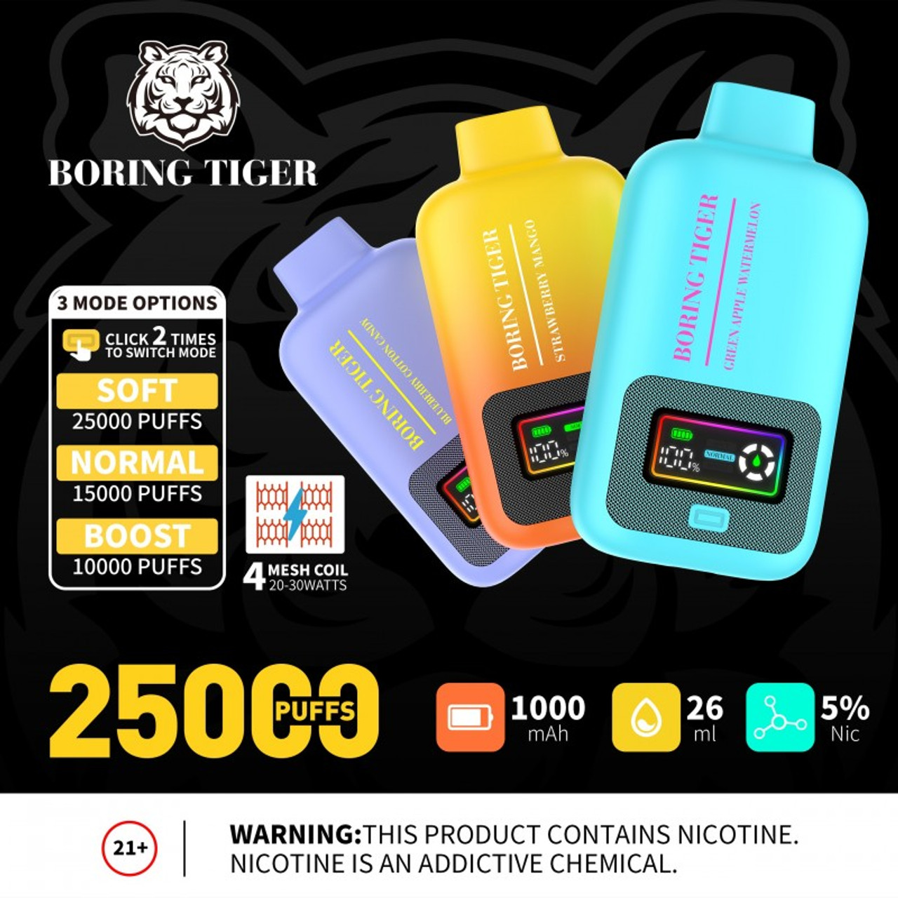 BORING TIGER | 25000 PUFFS | DISPOSABLE | 5 CT product image