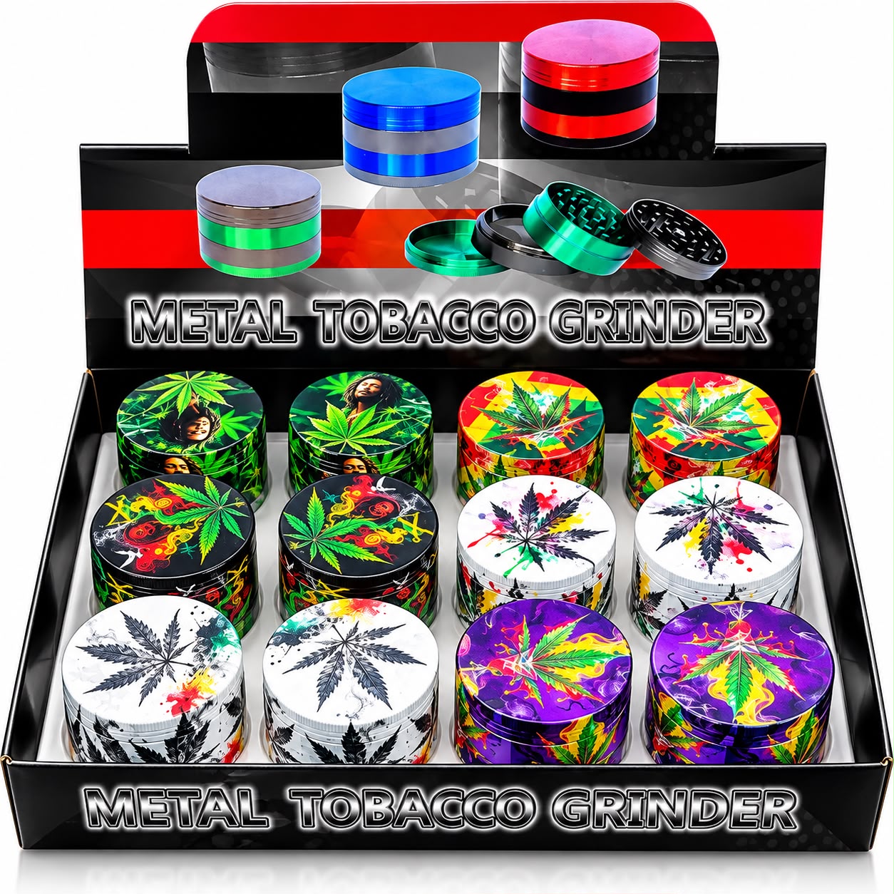Tobacco 4pc Metal Grinder Leaf & Bob Marley (12ct) 7659 - image 1