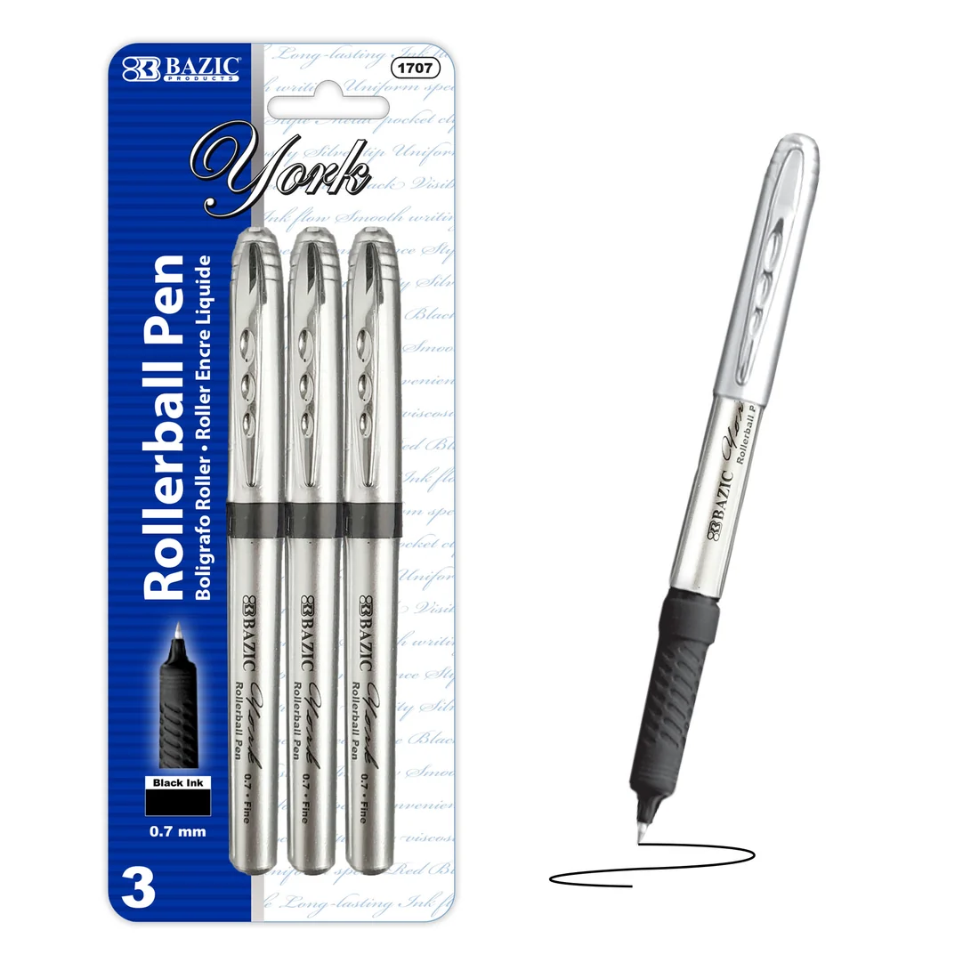 Bazic York Black Rollerball Pen w/ Grip (3/Pack) 1CT #1707 product image