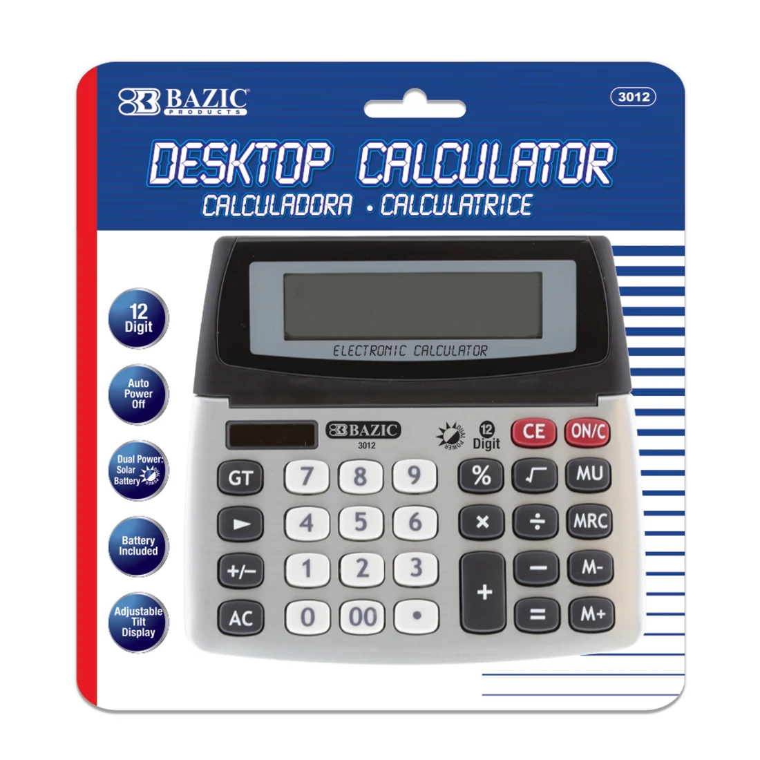 Bazic 12-Digit Dual Power Desktop Calculator w/ Adjustable Display 1CT #3012 product image