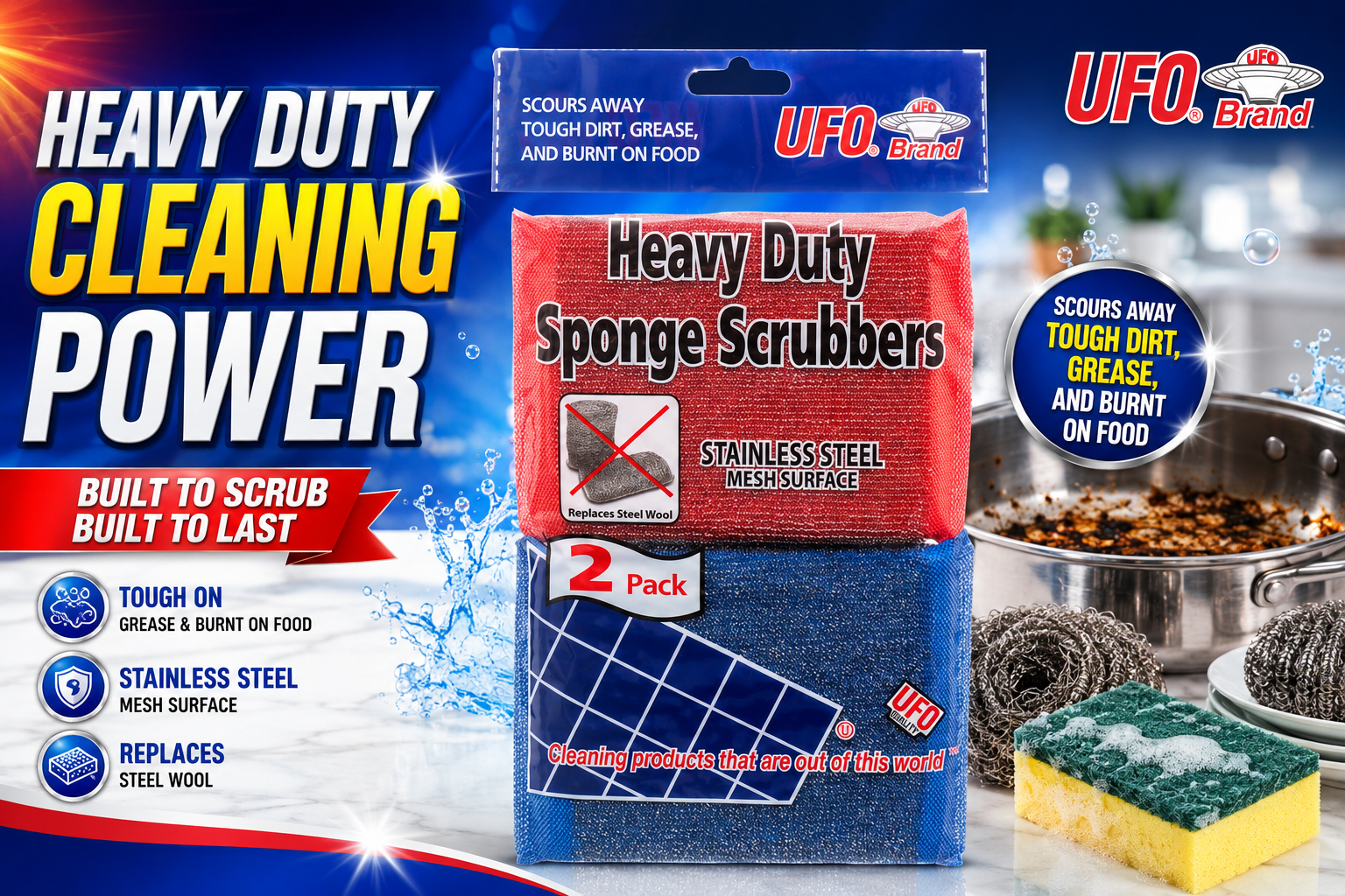 UFO Brand Sponge Scrubber W/Stainless Steel Mesh 2Pc 1CT (C36) product image