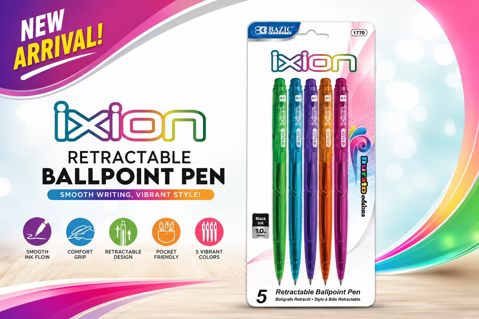 Bazic Ixion Retractable Ballpoint Pen 5/PK #1770 1CT product image