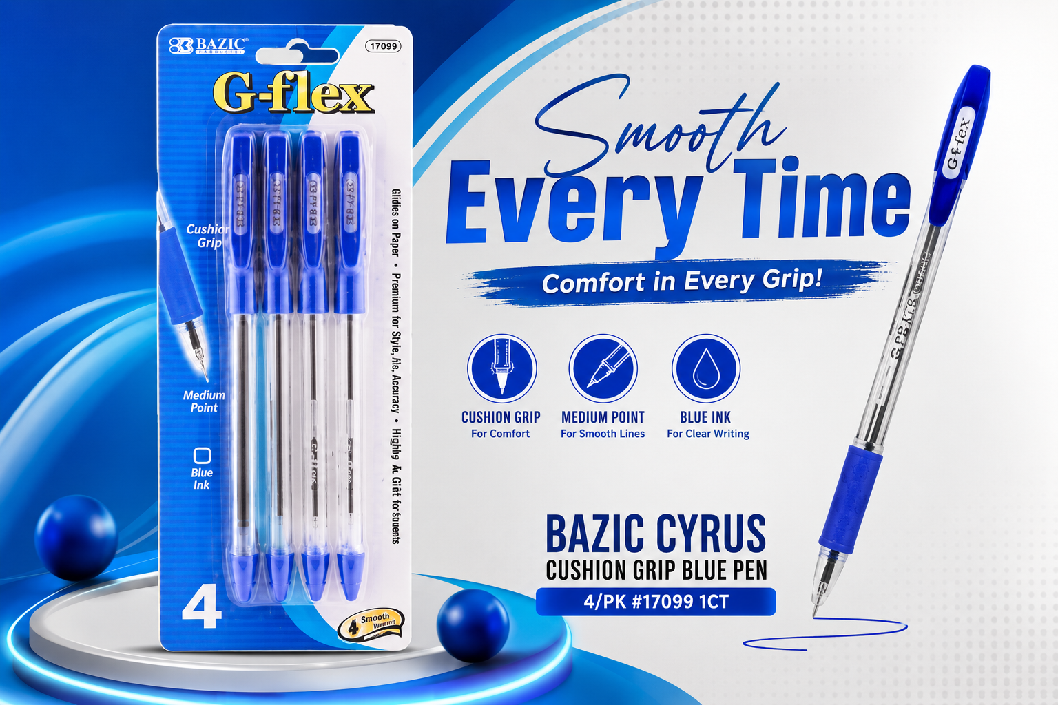 Bazic Cyrus Cushion Grip Blue Pen 4/PK #17099 1CT product image