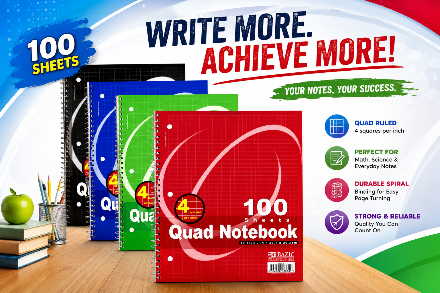 Bazic 100CT Quad Ruled 4-1" Spiral Notebook #514 1CT (C24) product image