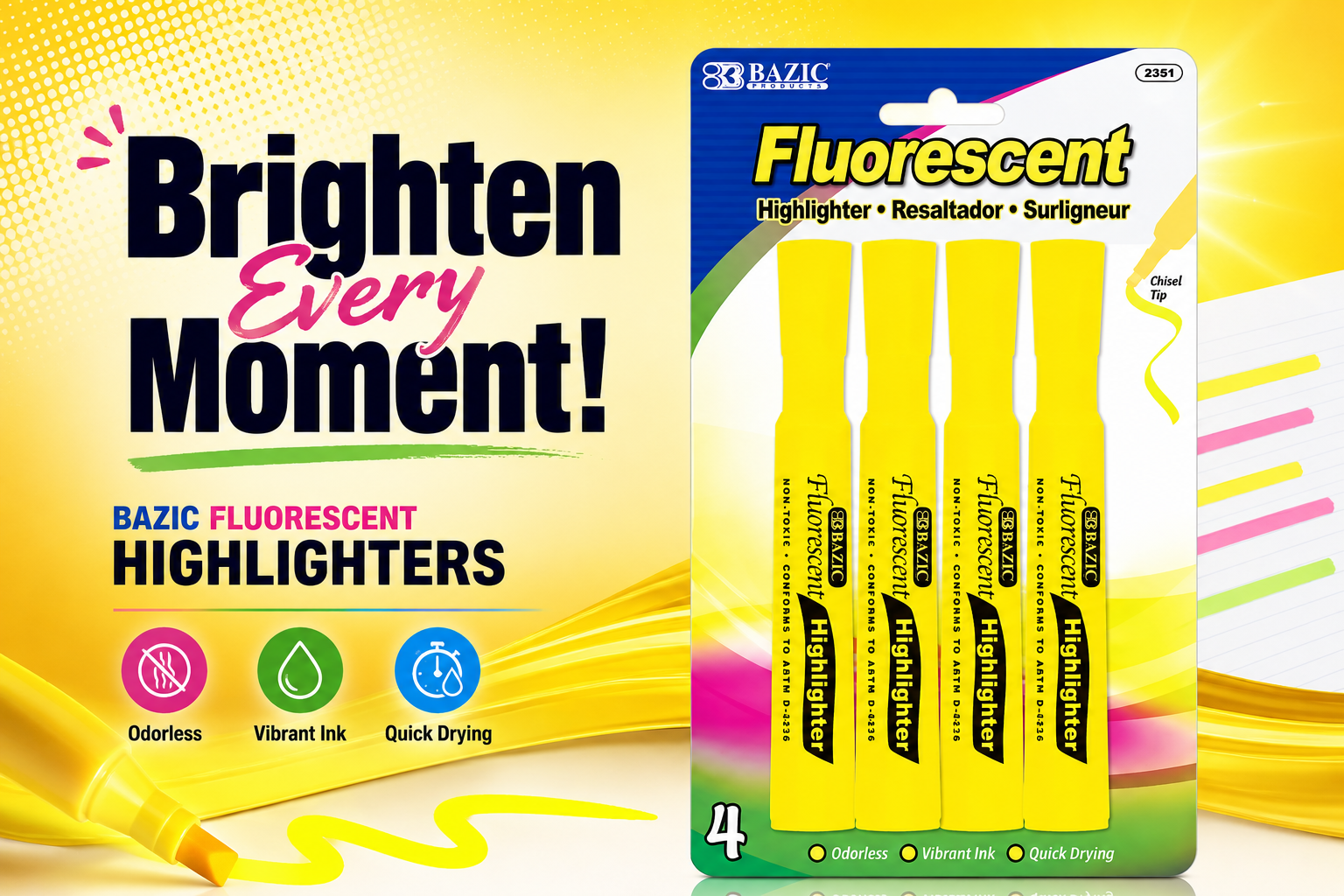 Bazic Yellow Desk Style Fluorescent Highlighters 4/PK 1CT (C24) product image