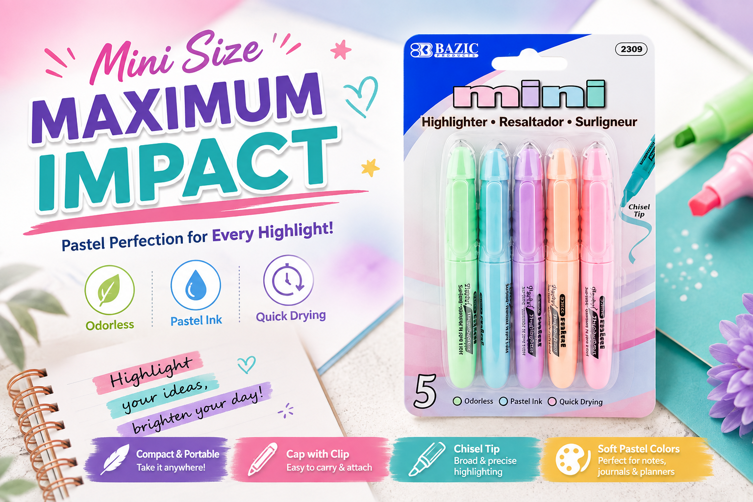 Bazic Mini Pastel Highlighters W/Cap Clip 5/PK #2309 1CT (C24) product image