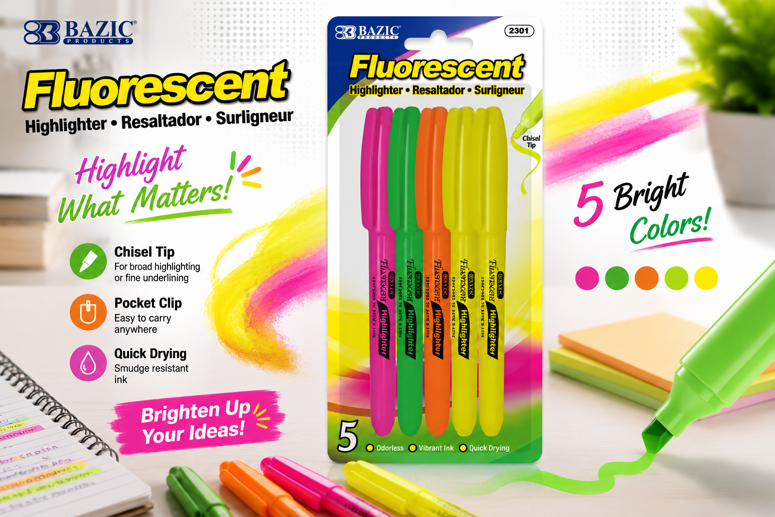 Bazic Pen Style 5 Pack Fluorescent Highlighter Pocket Clip product image