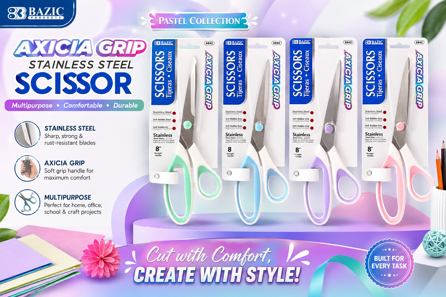 Bazic 8" Pastel Axicia Grip Stainless Steel Scissor Multipurpose (C12) product image