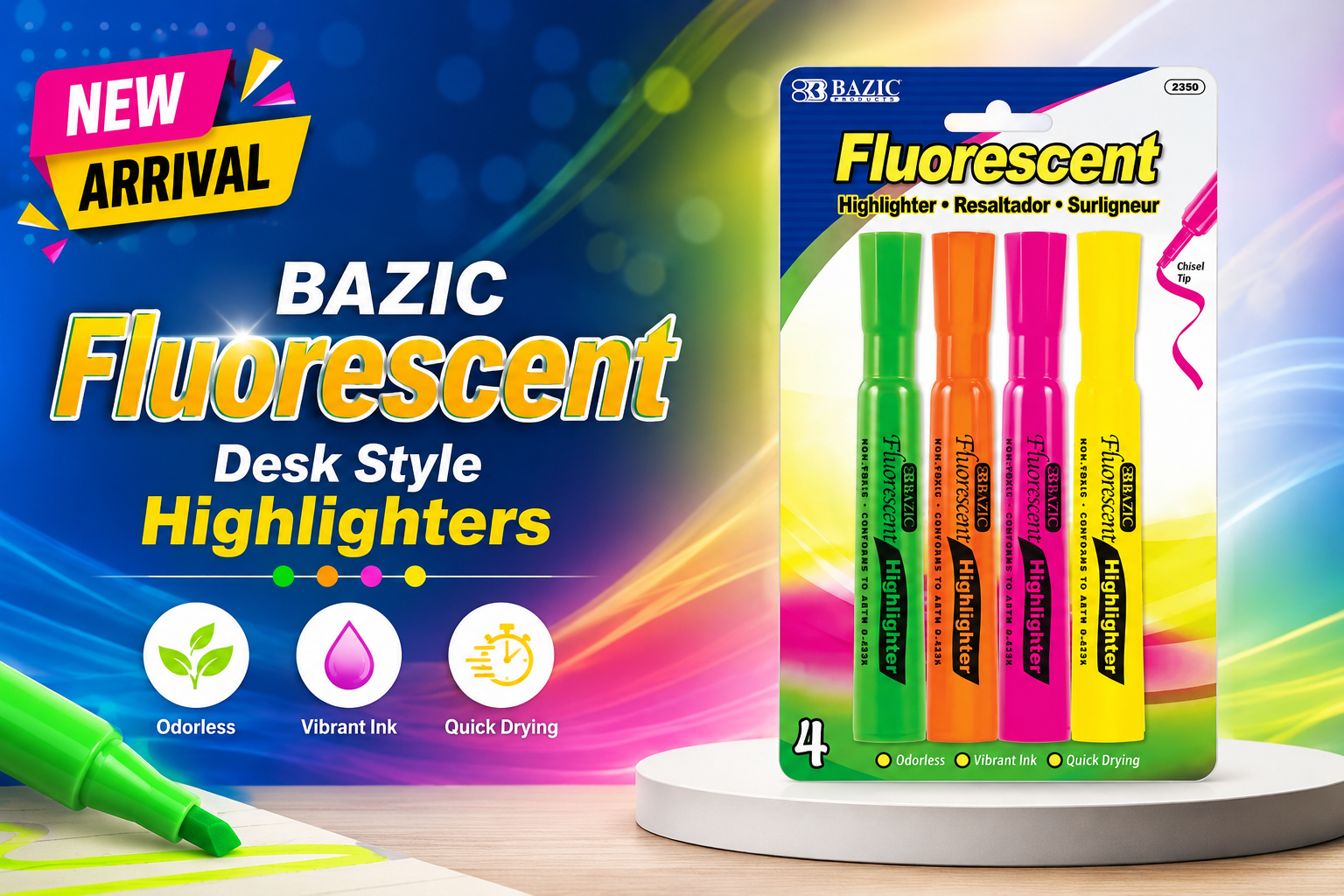 Bazic Desk Style Fluorescent Highlighters #2350 4/PK 1CT (C24) product image