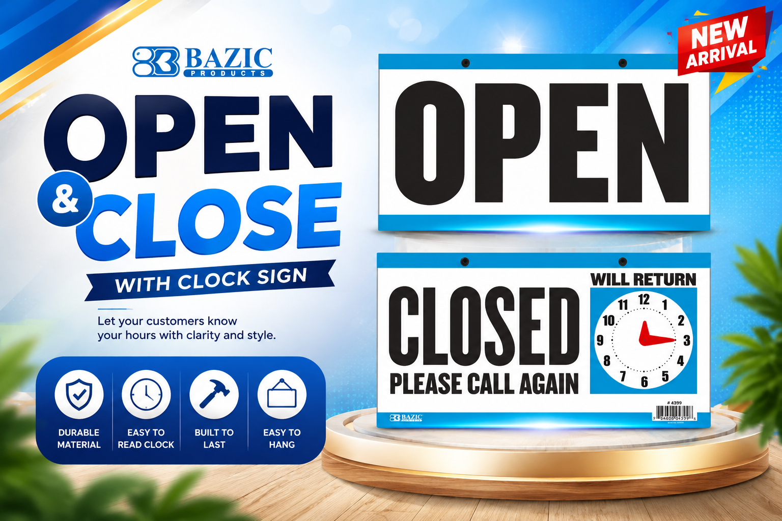 Bazic Open/Close Sign 6"X11.5" With Clock Sign Blue Strip S-24 1CT product image