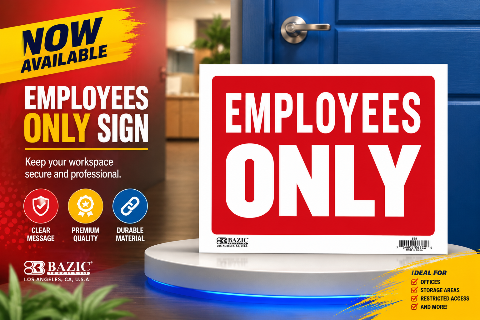 Bazic 9"X12" Employees Only Sign 1CT (C24) product image