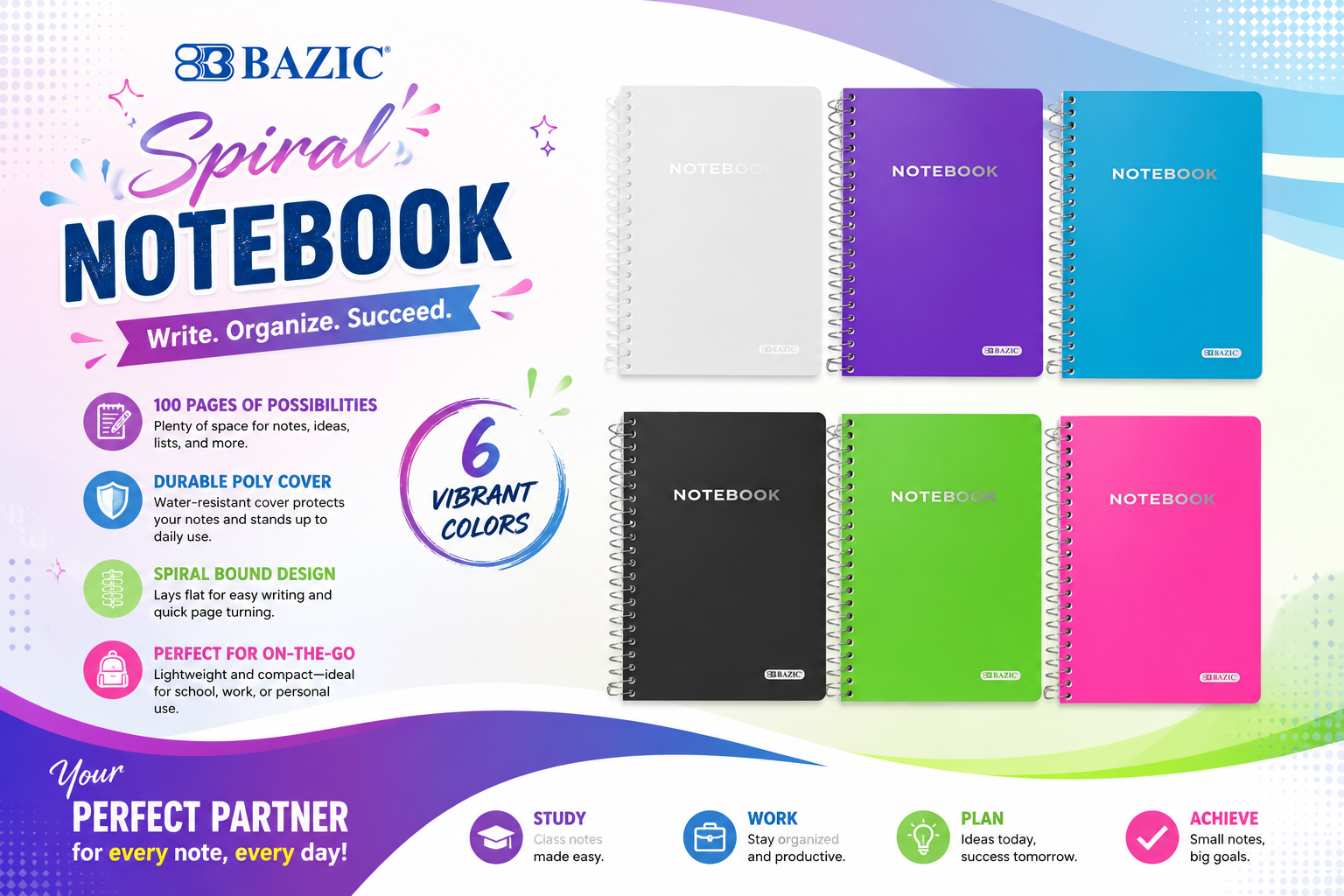 Bazic 100 Pages 5" X 7" Poly Cover Personal Assign Spiral Notebook 1CT (C36) product image