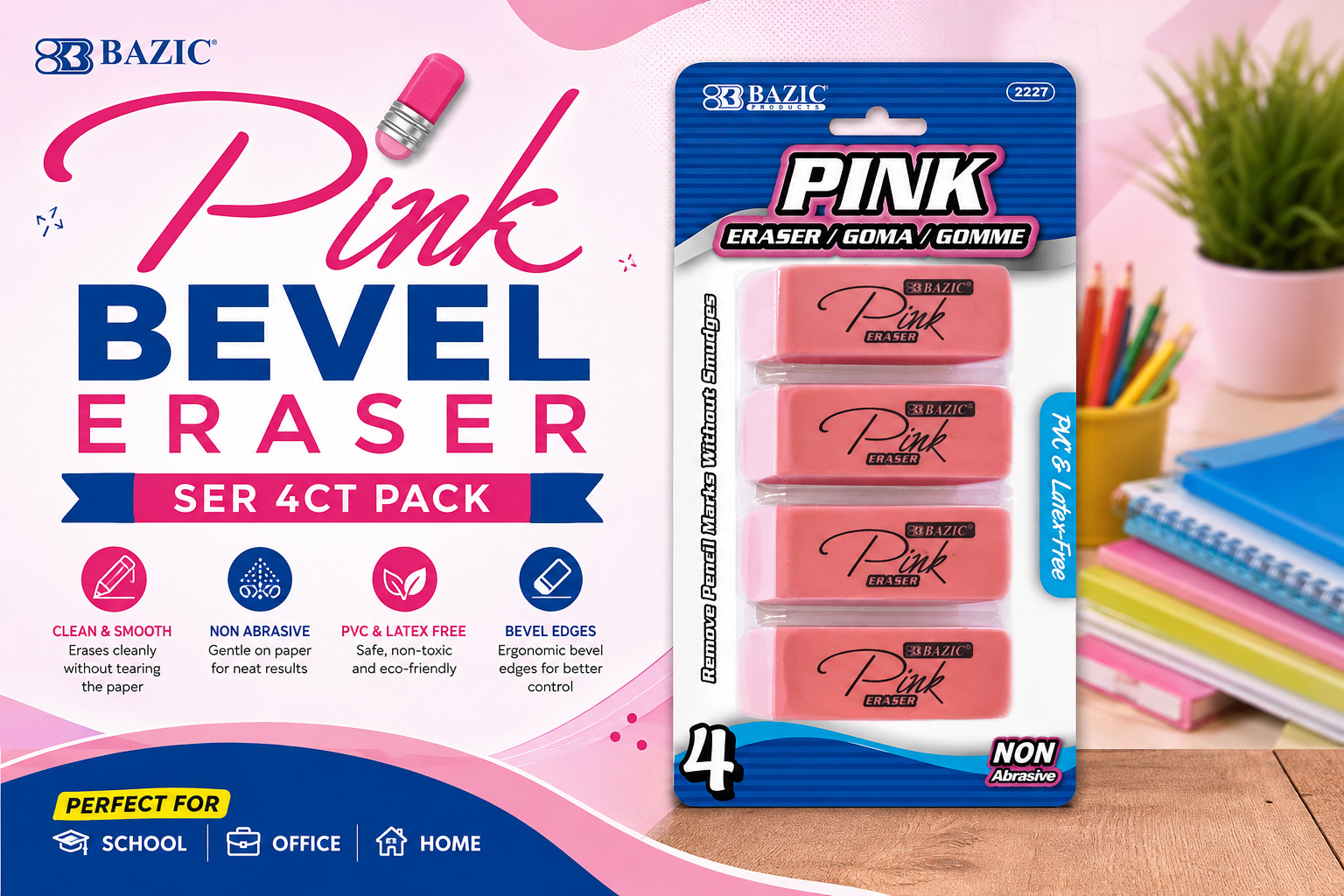 Bazic Pink Bevel Eraser Ser 4CT Pack product image