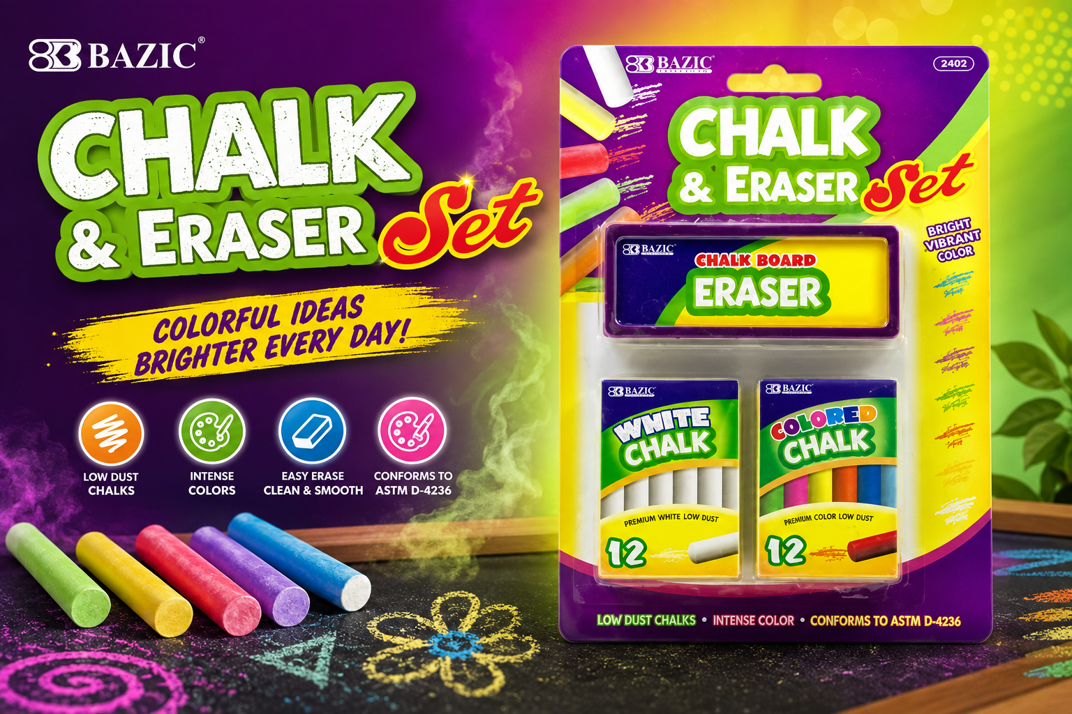 Bazic 12 Color & 12 White Chalk W/ Eraser Set 2402 product image