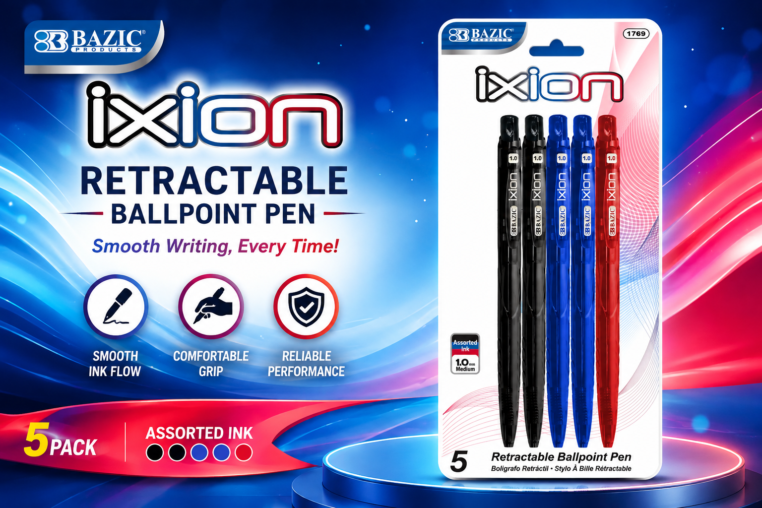 Bazic Ixion 5PK Retracable Ballpoint Pen #1769 product image