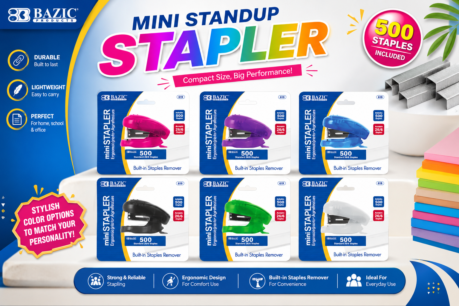 Bazic Mini Standup Standard 26/6 Stapler W/ 500PK Staples 619 1CT product image