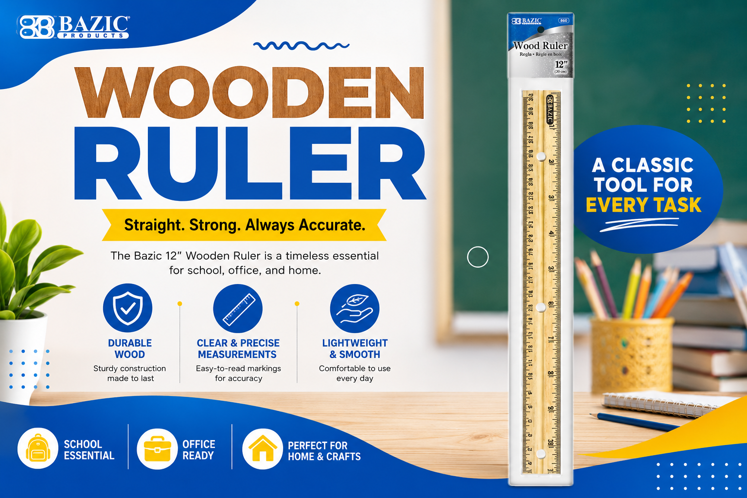 Bazic 12" Wooden Ruler 1CT product image