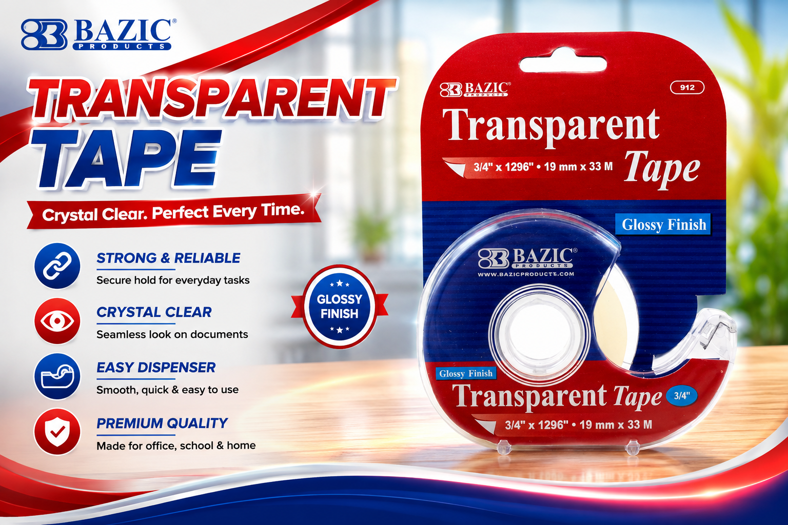 Bazic 912 Scotch Tape + Dispensor Transparent 1CT product image