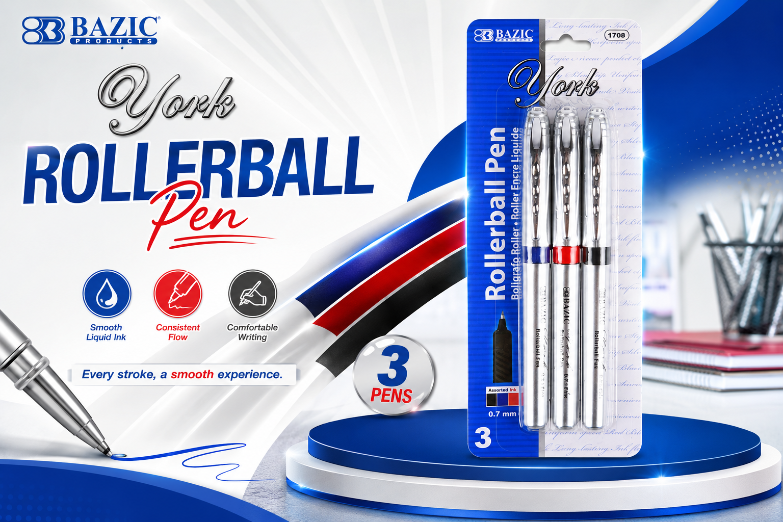 Bazic Rollerball Pen #1708 3/PK 1CT product image