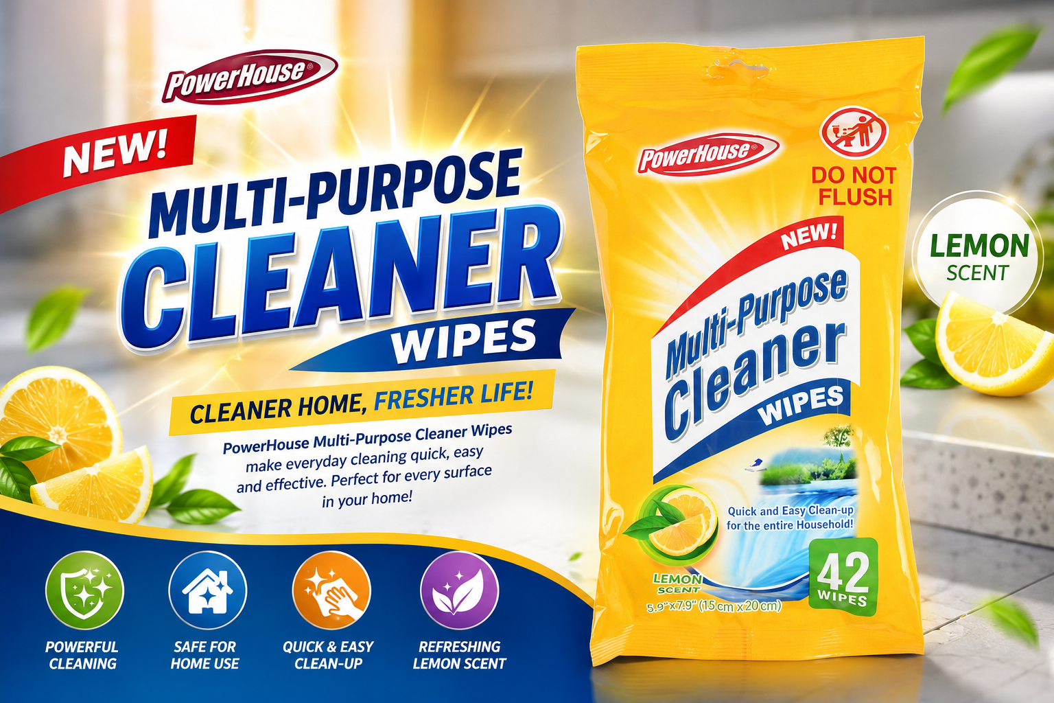 Power House Multi-Purpose Cleaner Wipes Lemon Scent 42Wipes 1CT (C16) product image