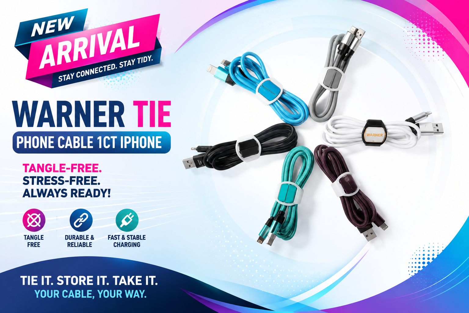 Warner Tie Phone Cable 1CT Iphone # 99931  (C25) product image