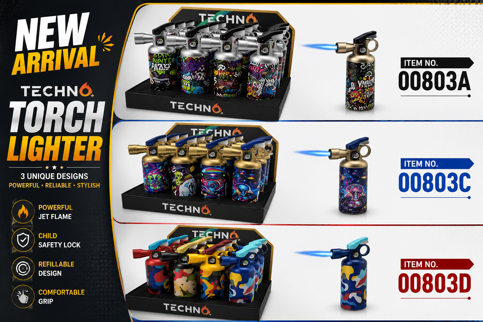 Lgt Techno 3.5" Fire Extinguisher Graffiti/Skull/Aliens/Camouflage Torch Lighter 12CT (C16) product image
