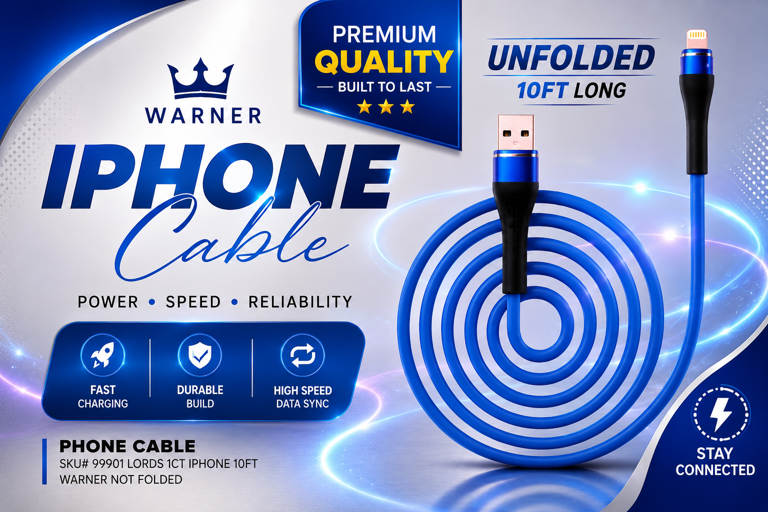 Phone Cable Sku# 99901 Lords 1CT Iphone 10Ft Warner Not Folded product image