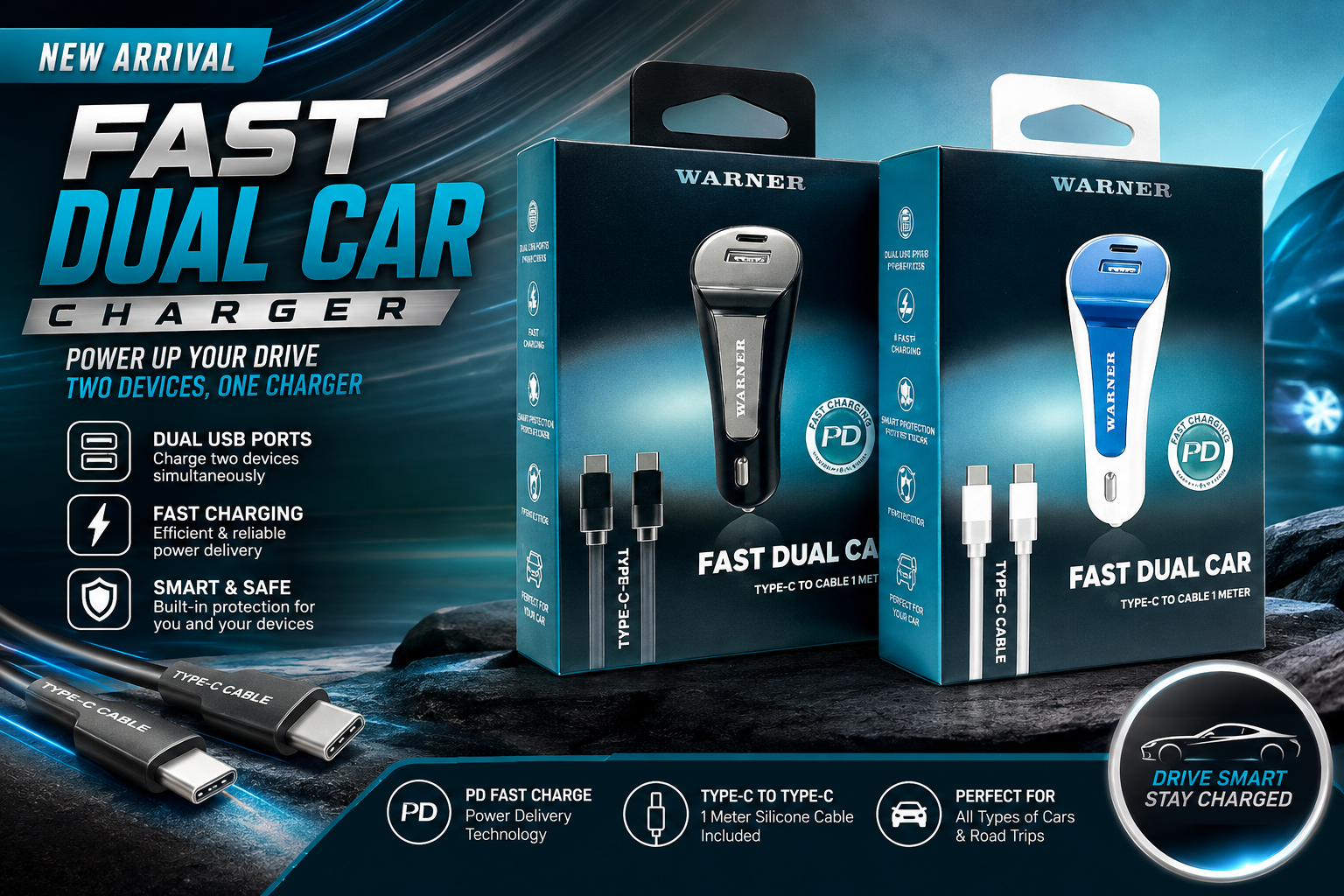 Phone Cable 1CT Warner USB Car Charger TC-T 1 Meter Silicon Cable 22201 (C192) product image