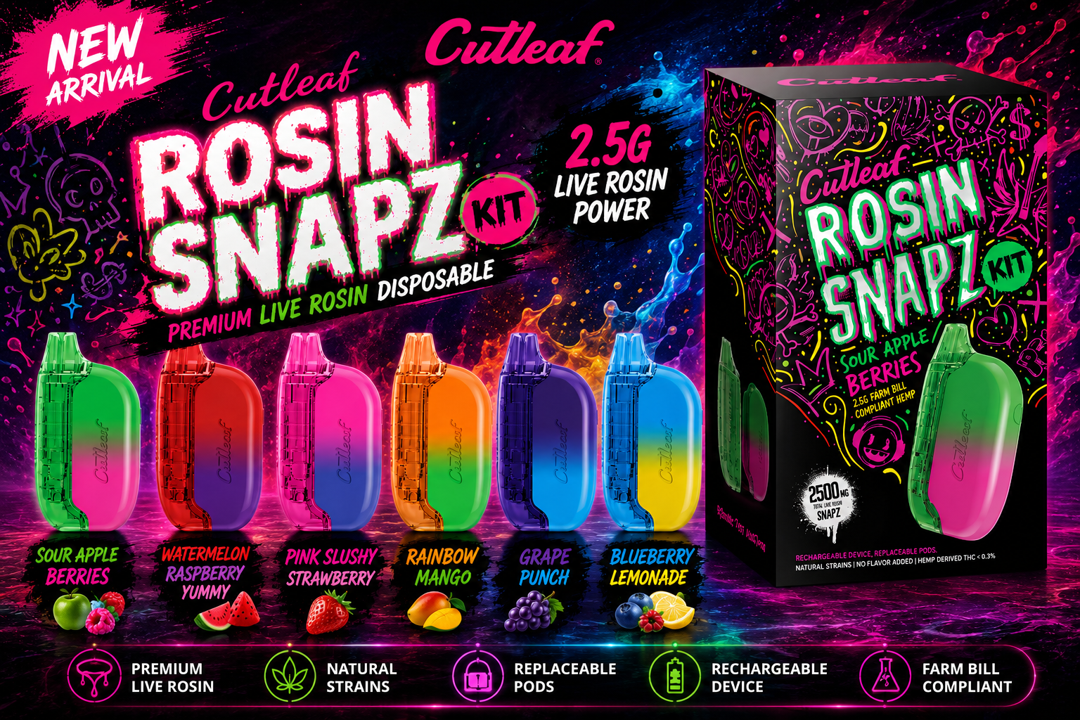 Cutleaf 2.5G Snapz Kits Disposable Live Rosin 0.3%Thc 6PK (C12) product image