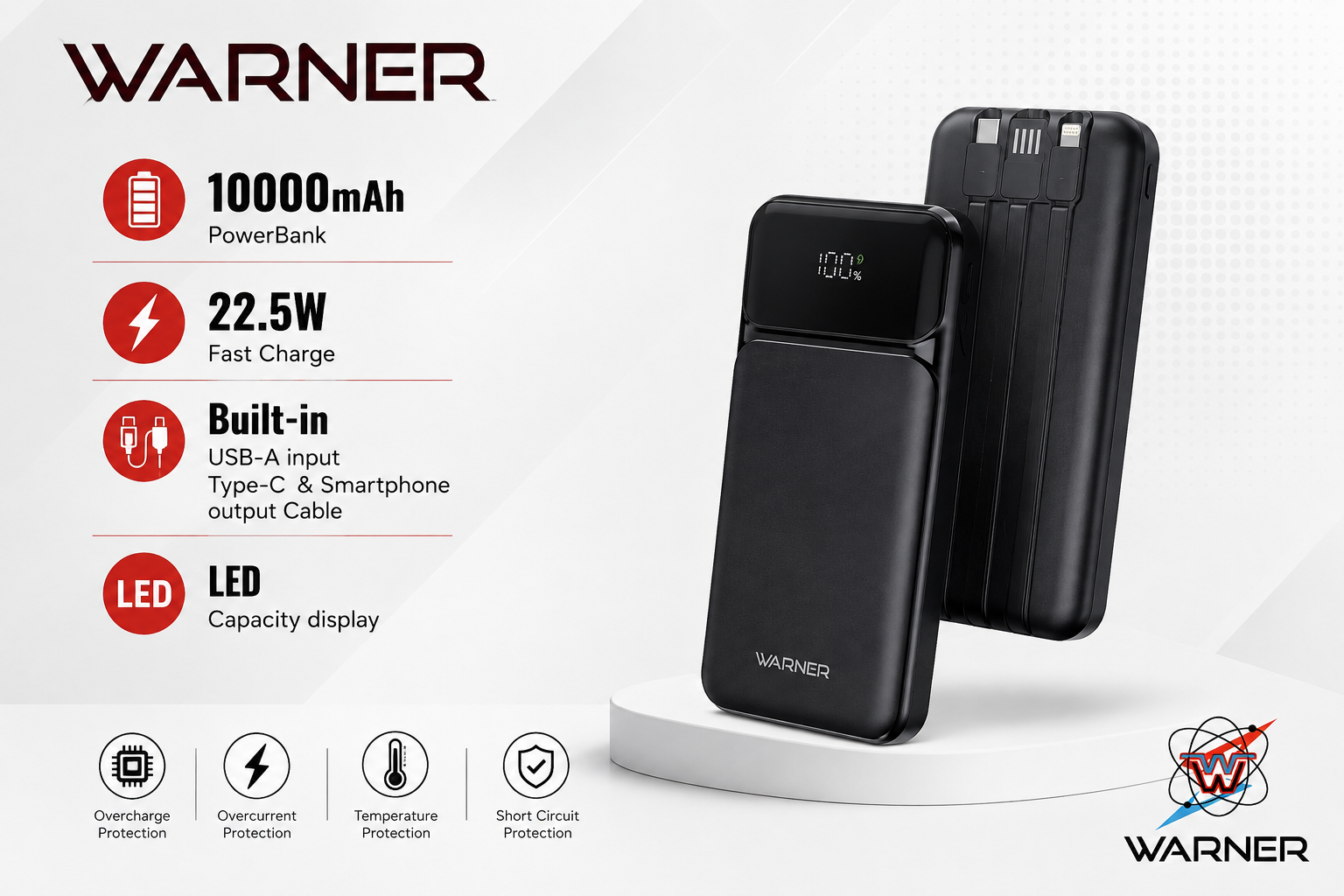 Warner Power Bank 10000mAh W/3-Built In Cables 1CT (B6/C12) product image