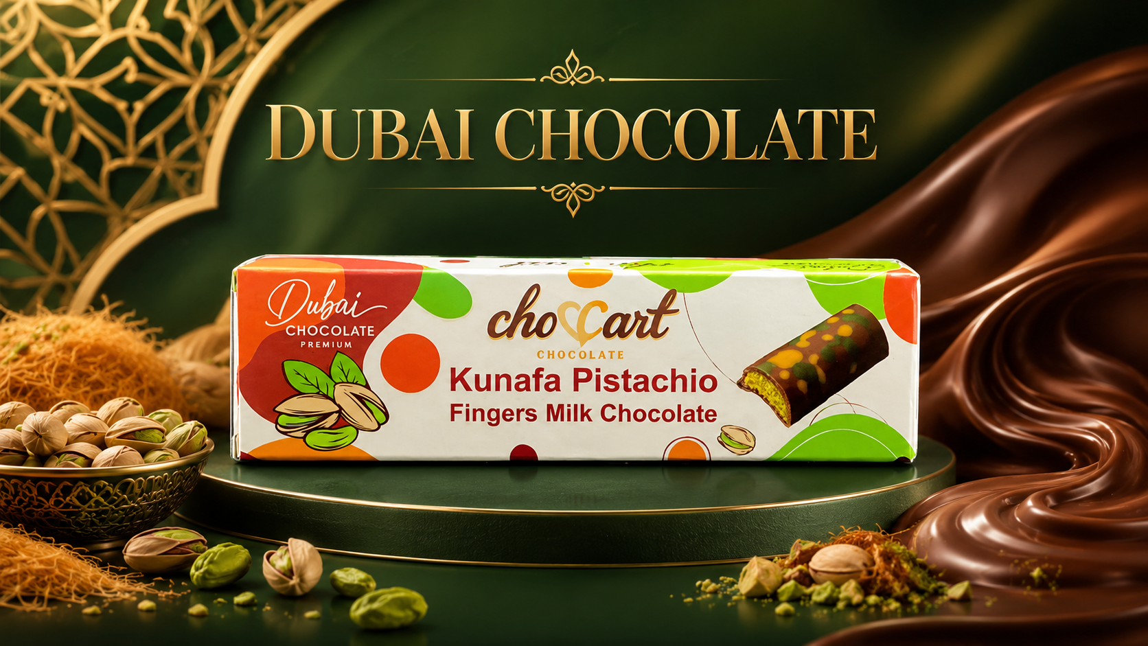 Dubai Chocolate Choccart Kunafa Pistachio Fingers Milk Chocolate 37G 24Ct (C12) product image