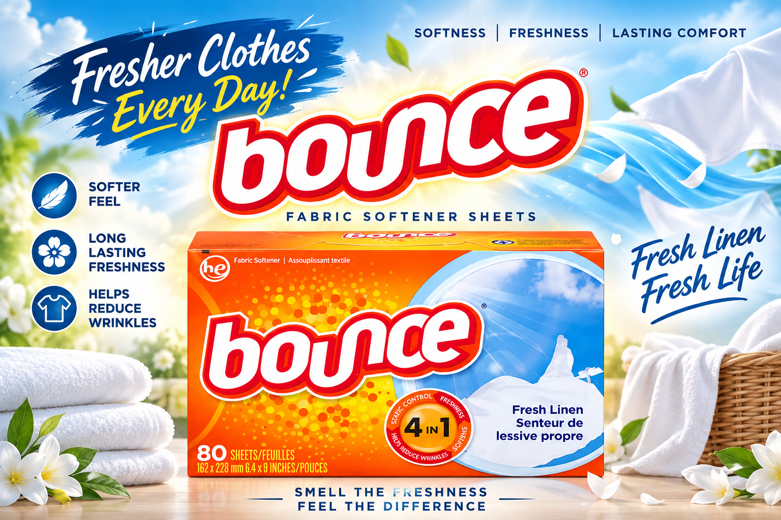 Fabric Softner 1CT Bounce Fresh Linen 80 Sheets (C6) product image
