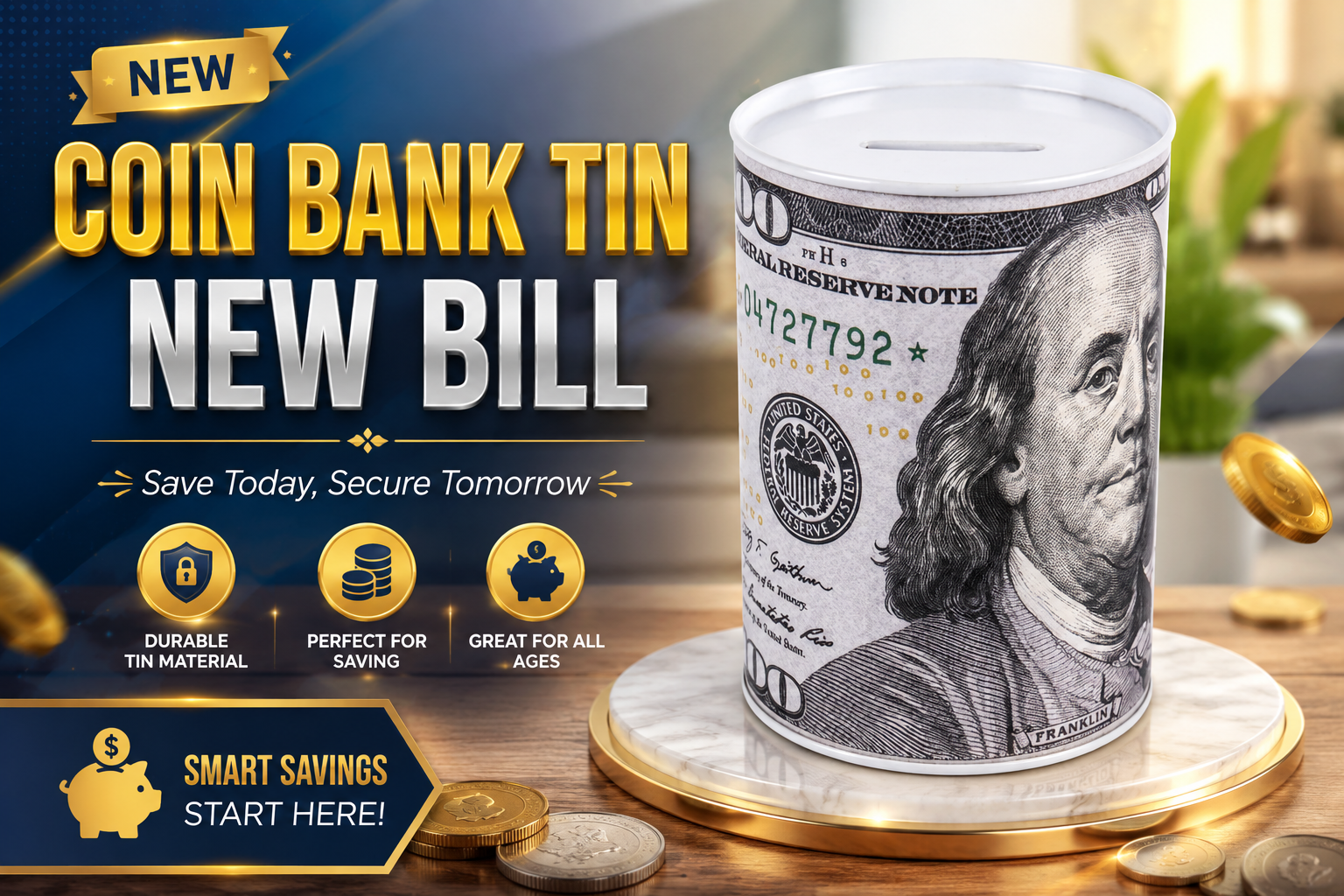 Coin Bank Tin New Bill 3.35" 1CT (C36) product image