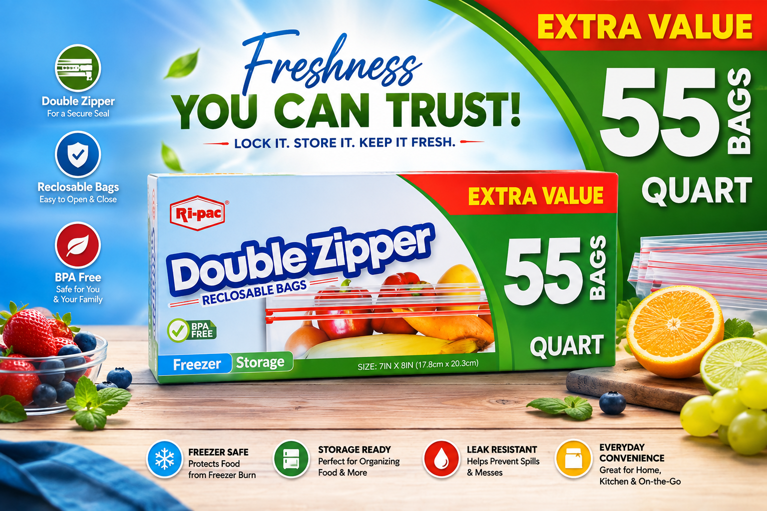 Ri-Pac Double Zipper Bag Quart 55 Bags 1CT (C24) product image