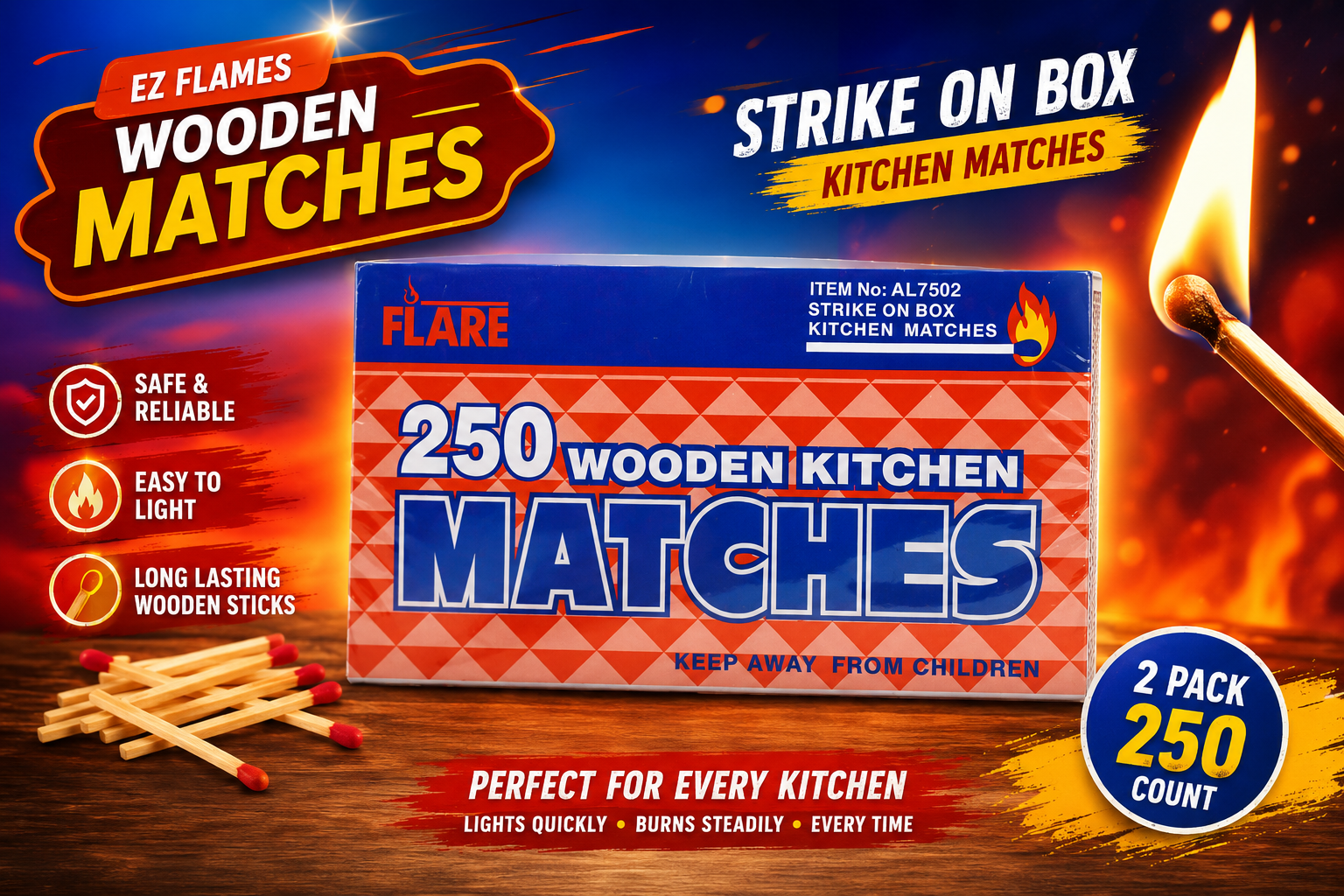 Ez Flames Wooden Matches 2Pk/250CT (C24) product image