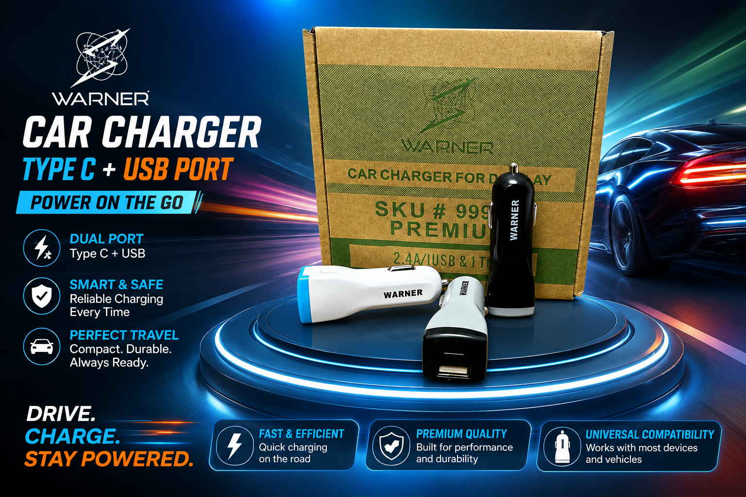 Warner 99914 Car Charger Type C + Usb Port 1CT (C192) product image