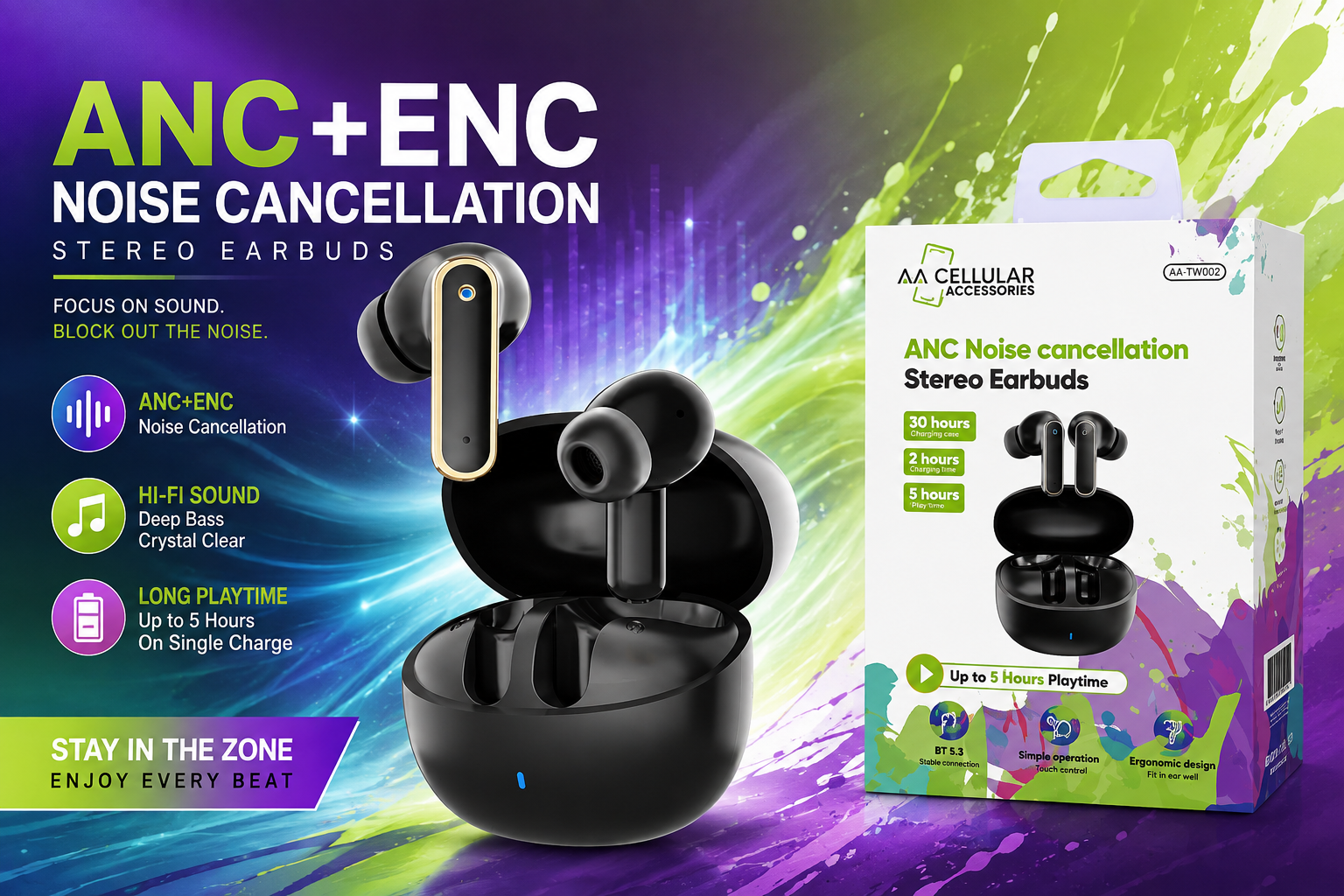 Aa Cellular ANC+ENC Noise Cancellation Stereo Earbuds 1CT (B10) product image