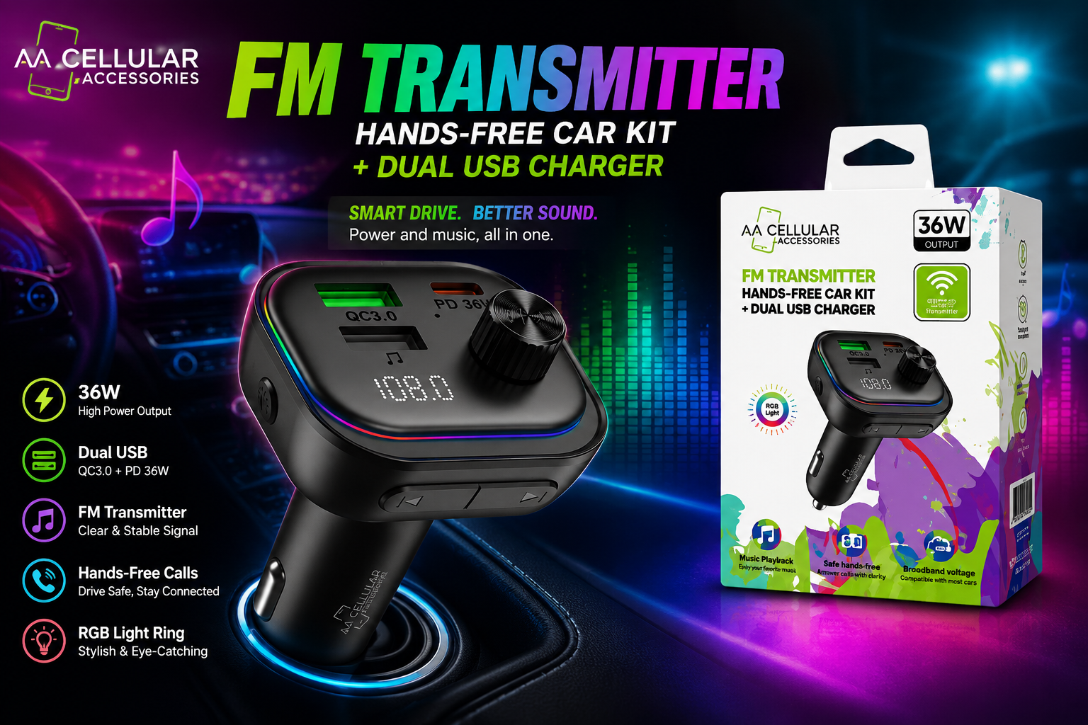 Aa Cellular FM Transmitter Dual Usb 36W 1CT (B10) product image