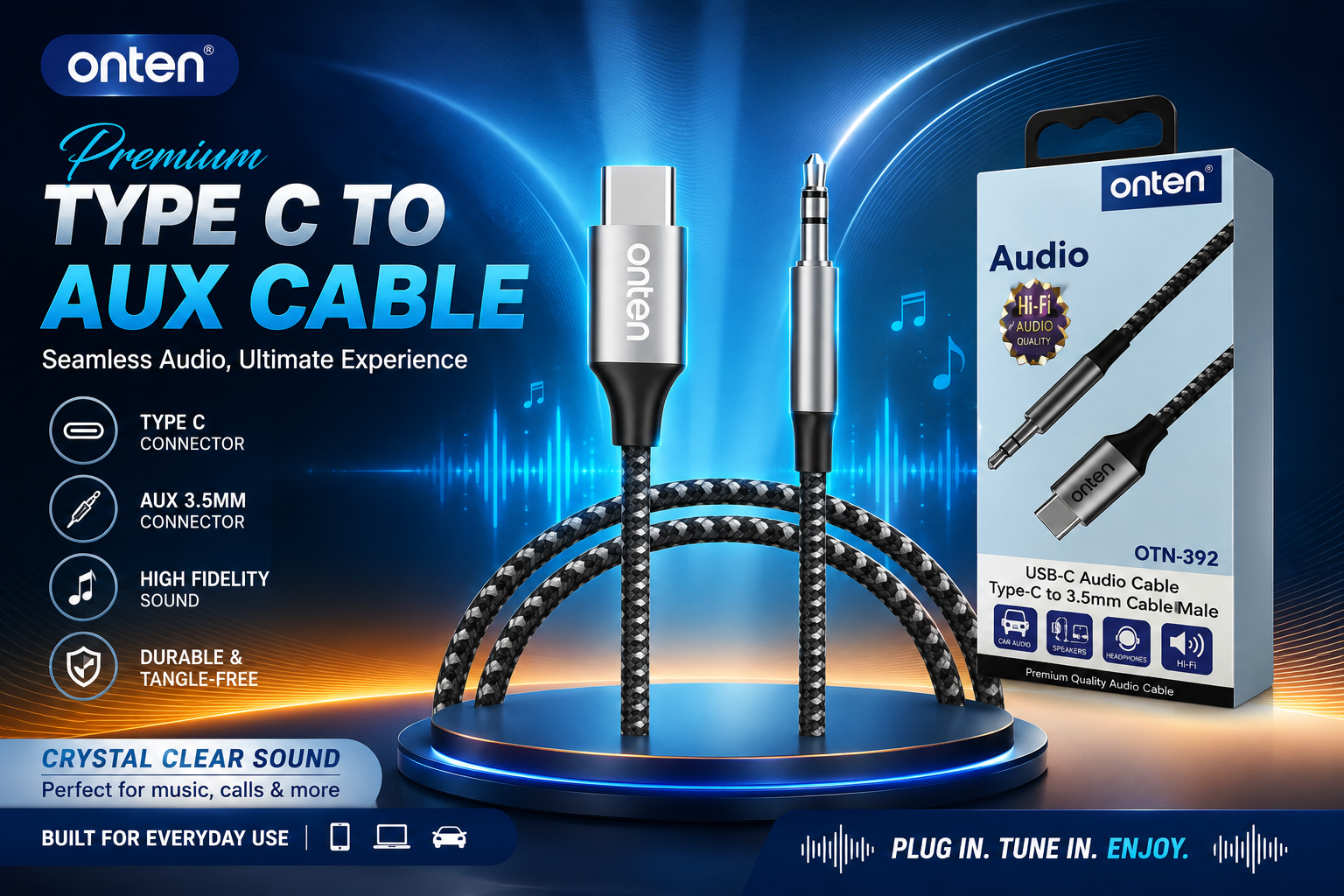 Phone Oneten 3.3Ft Type C To Aux 1CT 2/96/192 product image