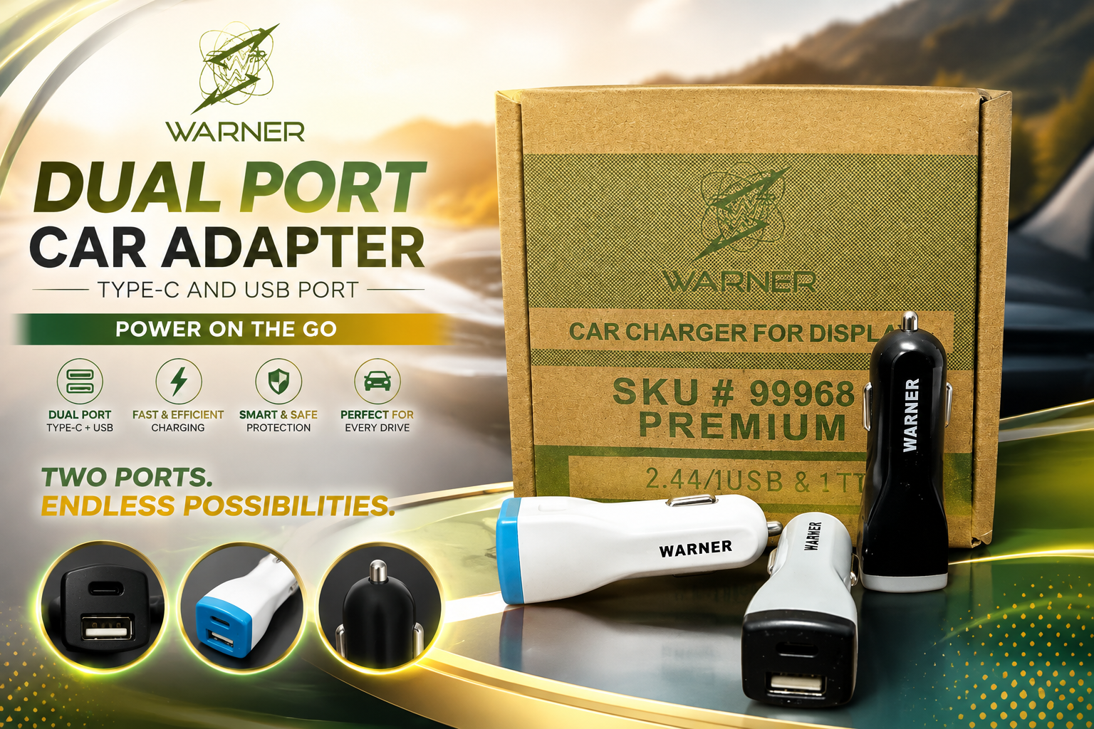 Warner 99968 Car Adapter Type-C And Usb Port 1CT  (C16) product image