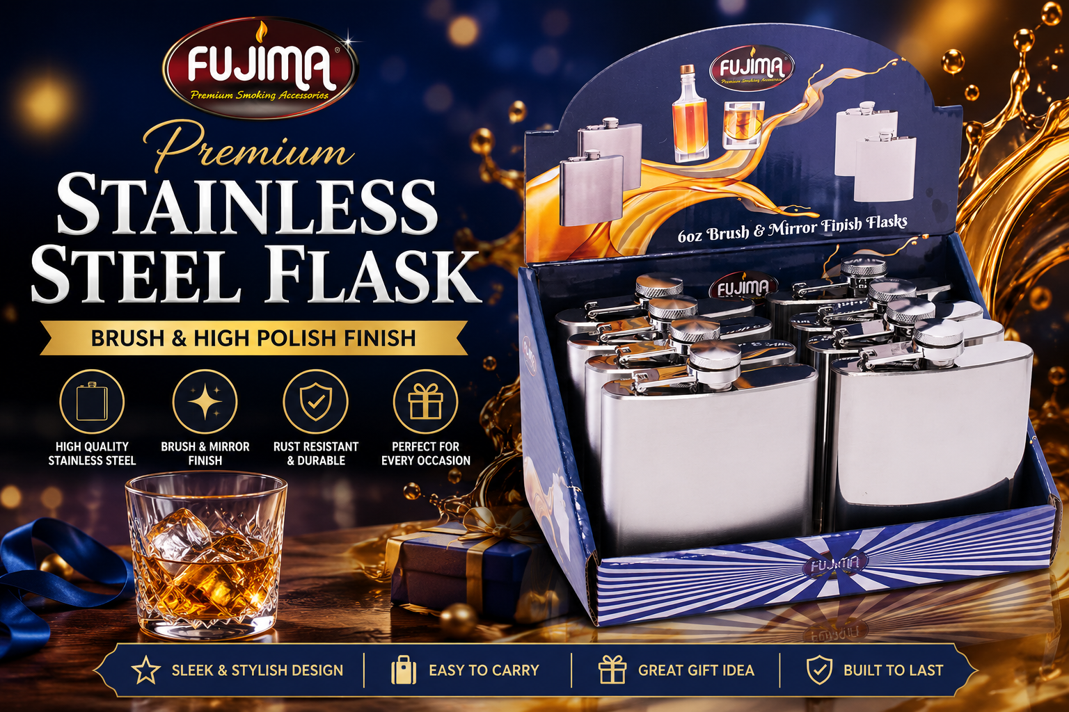 Fujima 6OZ Brush & High Polish Stainless Steel Flask 8CT product image