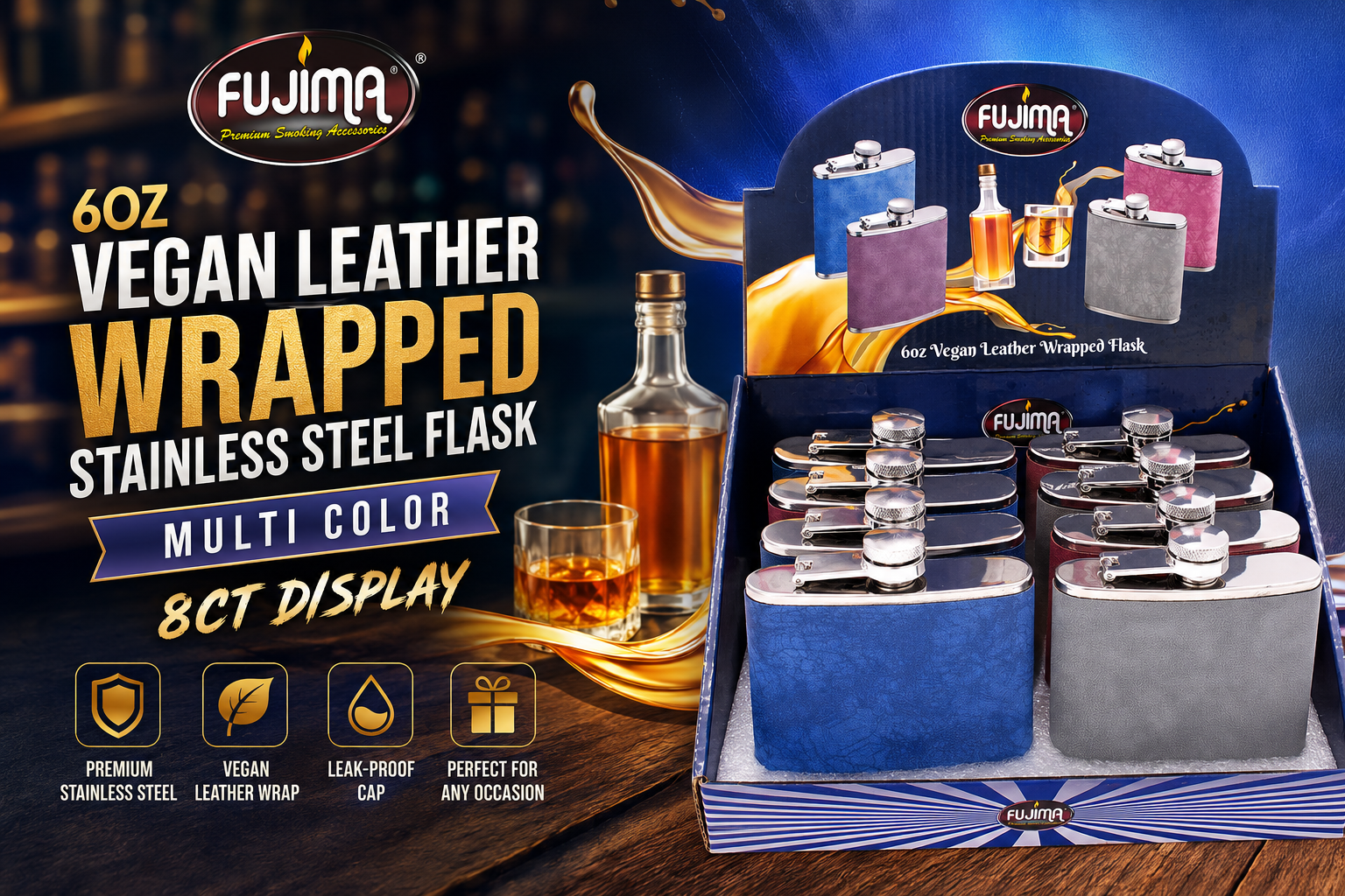 Fujima 6OZ Multi Color Vegan Leather Wrapped Stainless Steel Flask 8CT product image