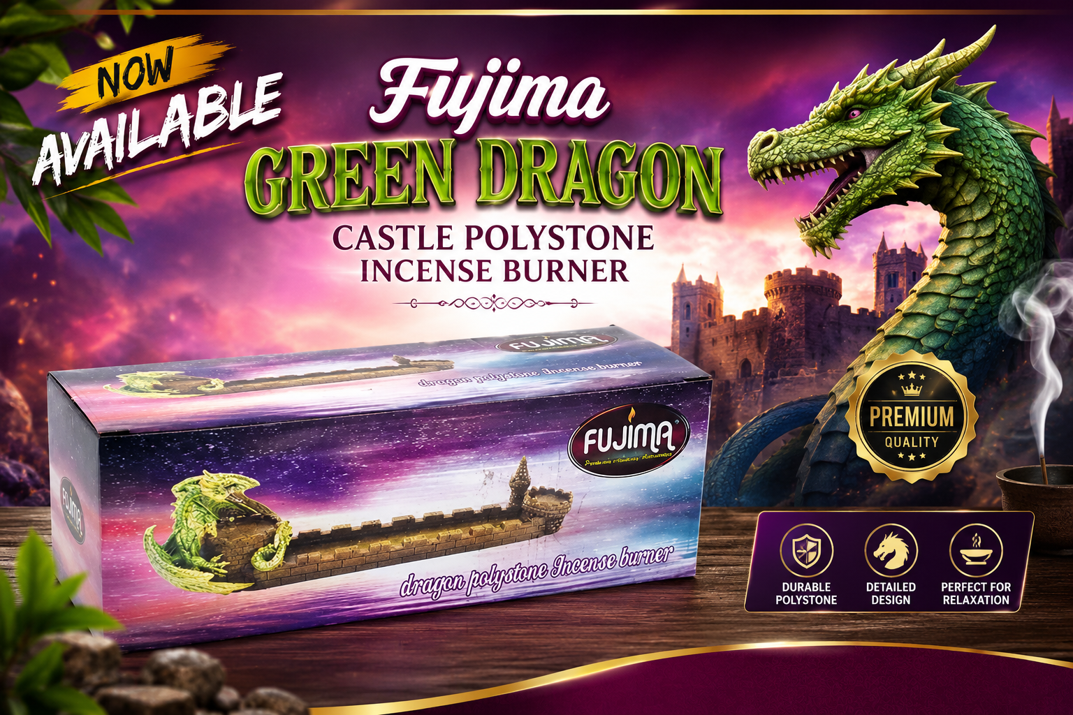 Fujima Green Dragon Castle Polystone Incense Burner 1CT (C18) product image