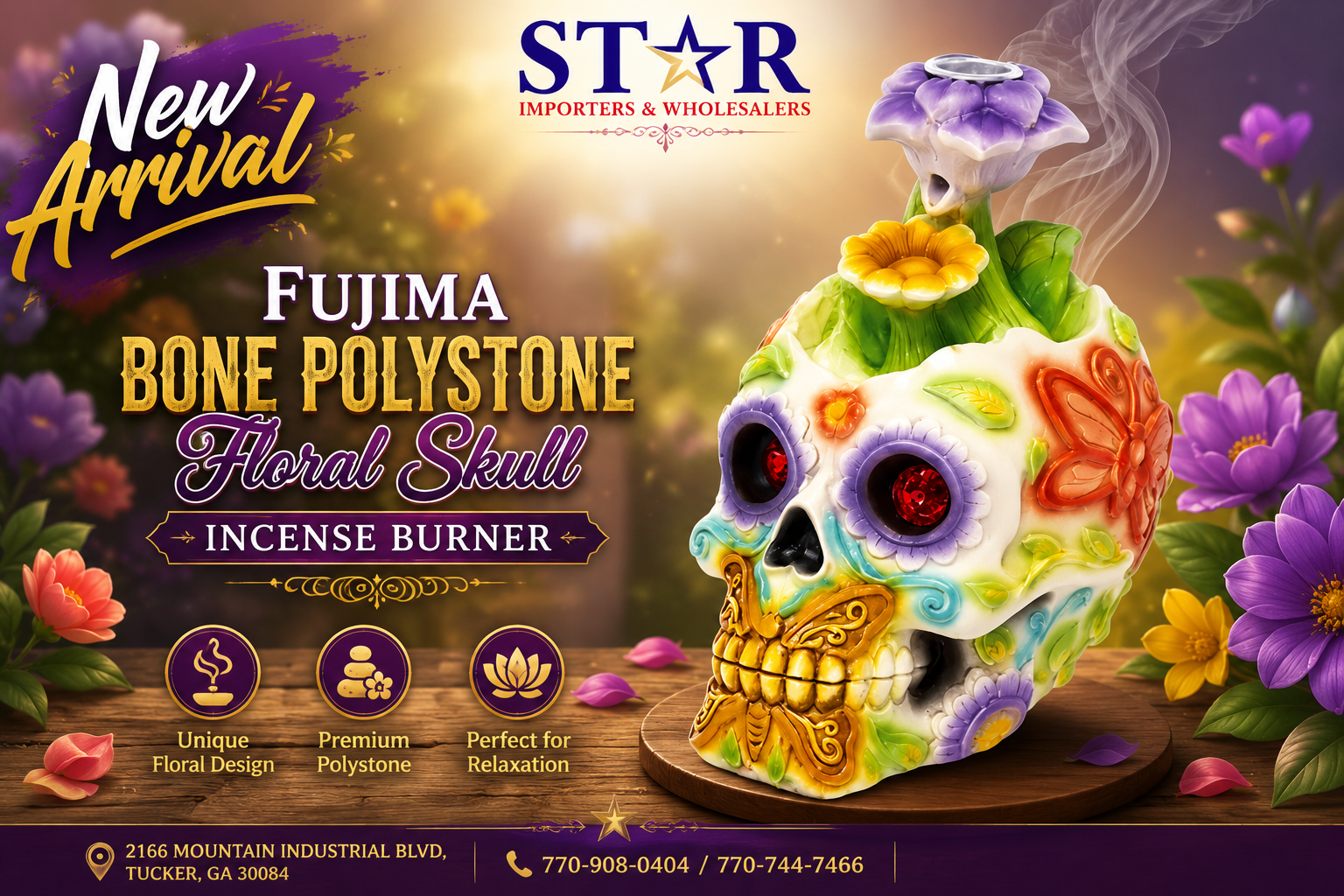 Fujima Bone Polystone Floral Skull Incense Burner (C48) product image