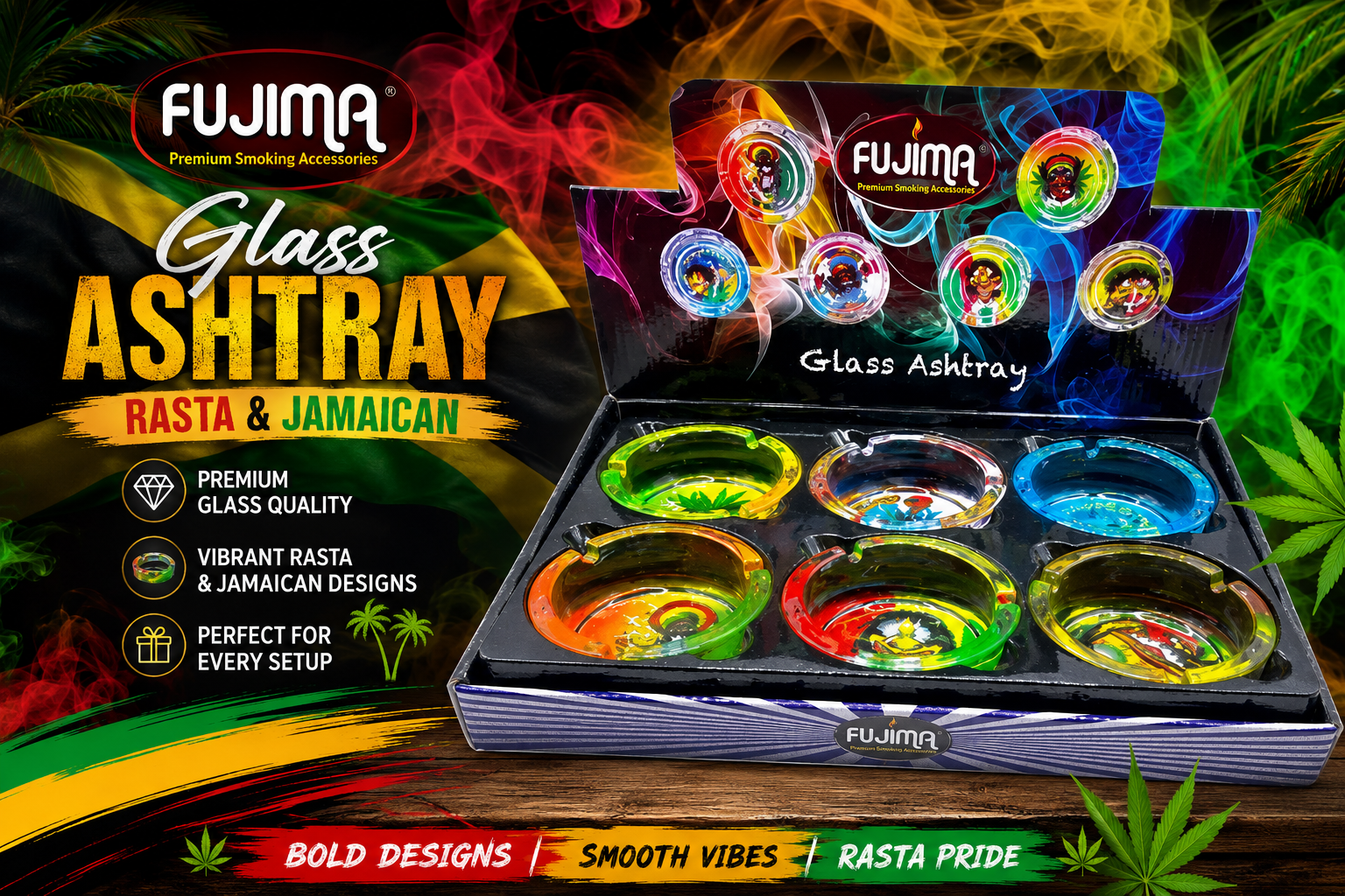 Ashtray 3.5" Fujima GA37 Glass Rasta & Jamaican 6CT (C6) product image