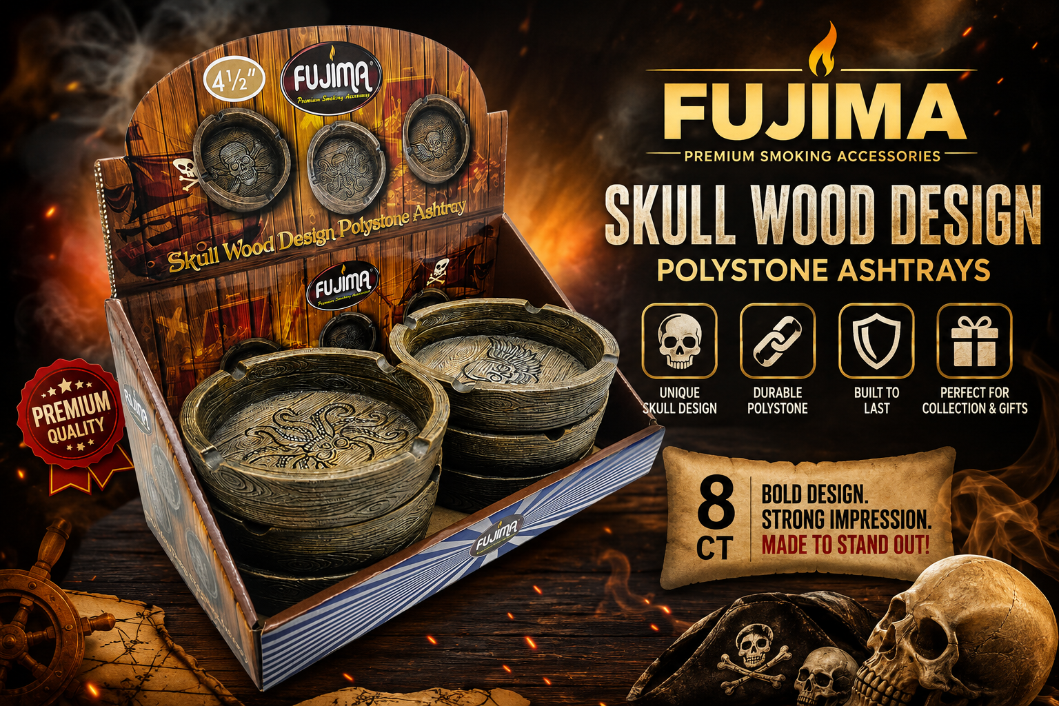 Fujima 4.5" Skull Wood Design Polystone Ashtrays 8CT (C6) product image