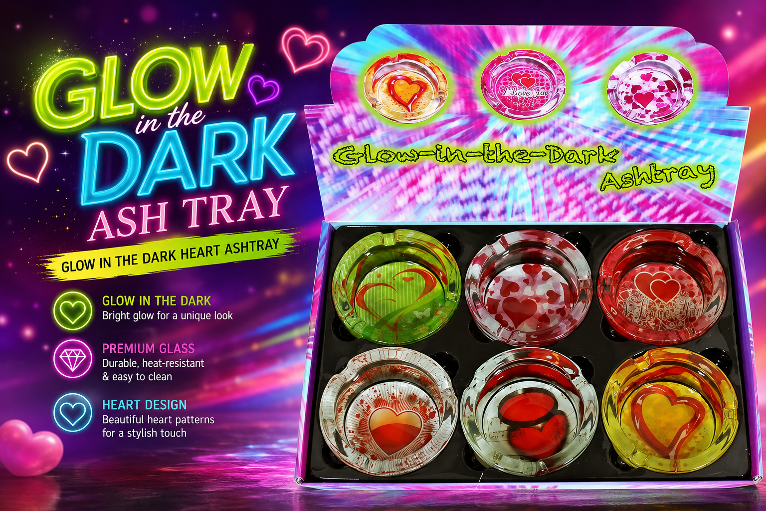 Ashtray 3.5" Fujima Ga20 Glass Glow In The Dark Heart 6CT (C6) product image